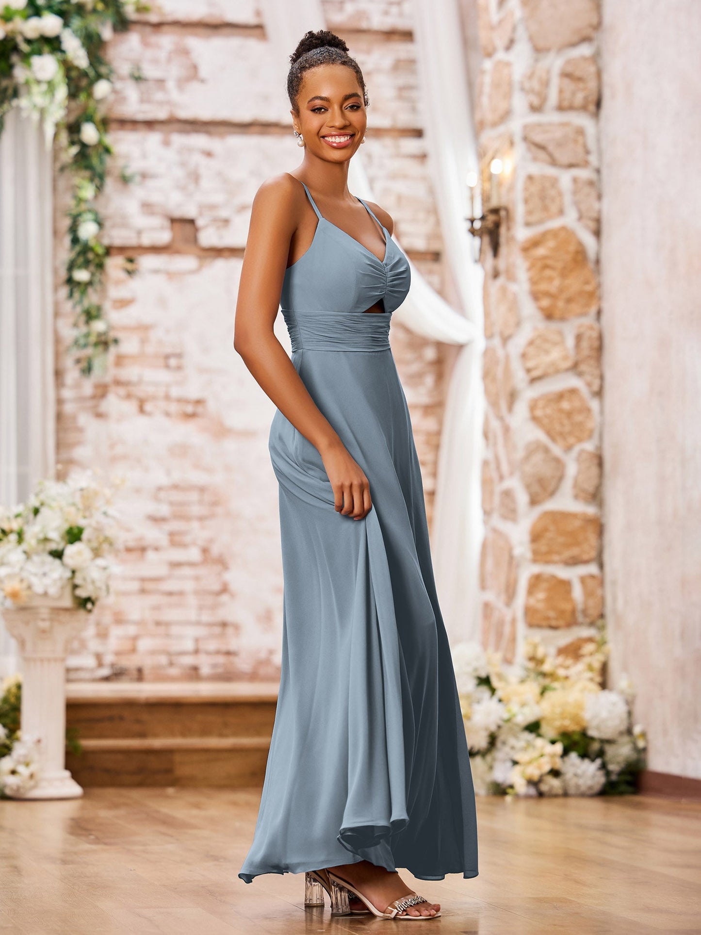 Spaghetti Straps A-line Maxi Bridesmaid Dresses with Slit Dusty Blue