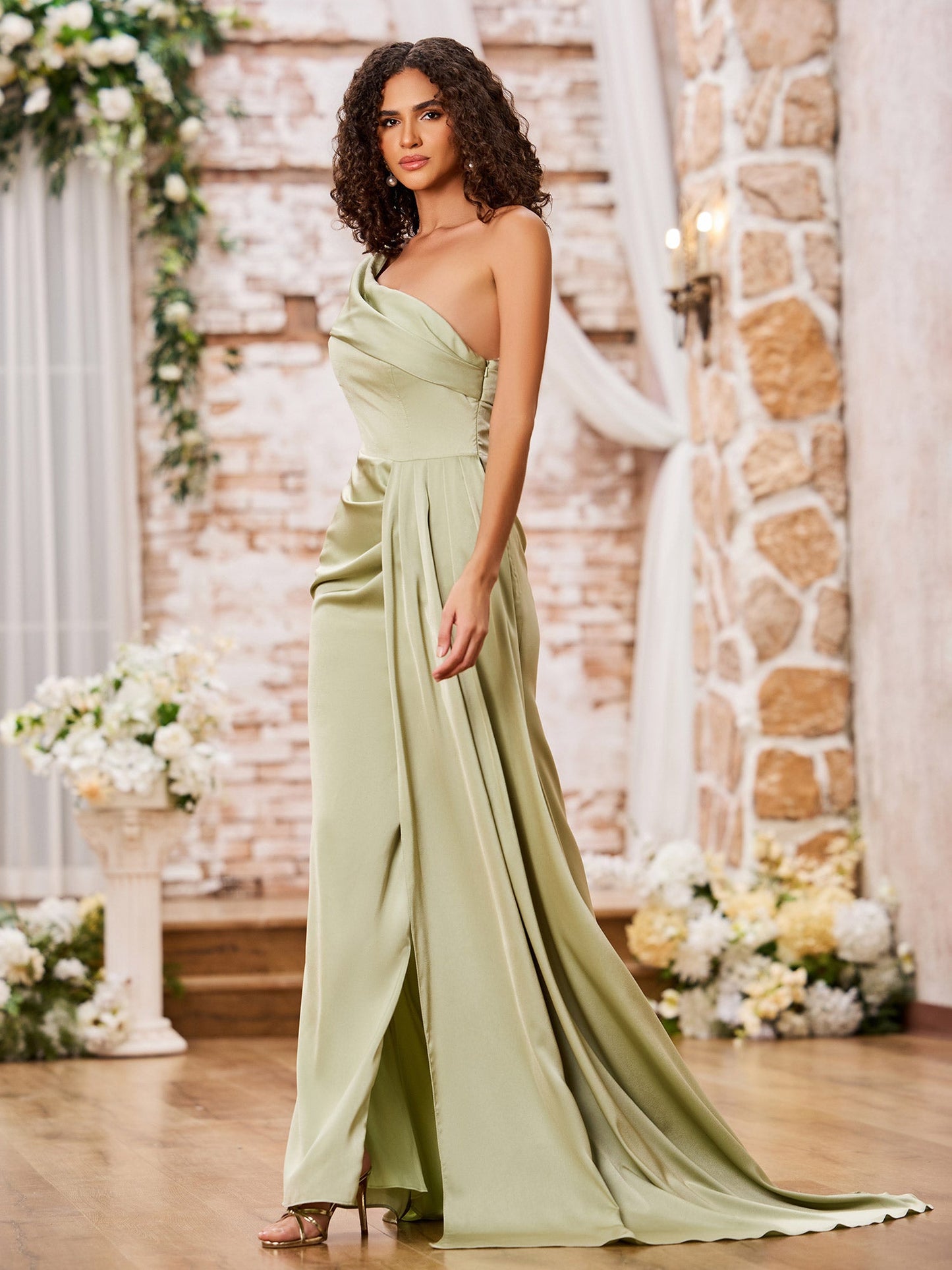 One Shoulder Cap Sleeves Long Satin Dresses with Train Dusty Sage