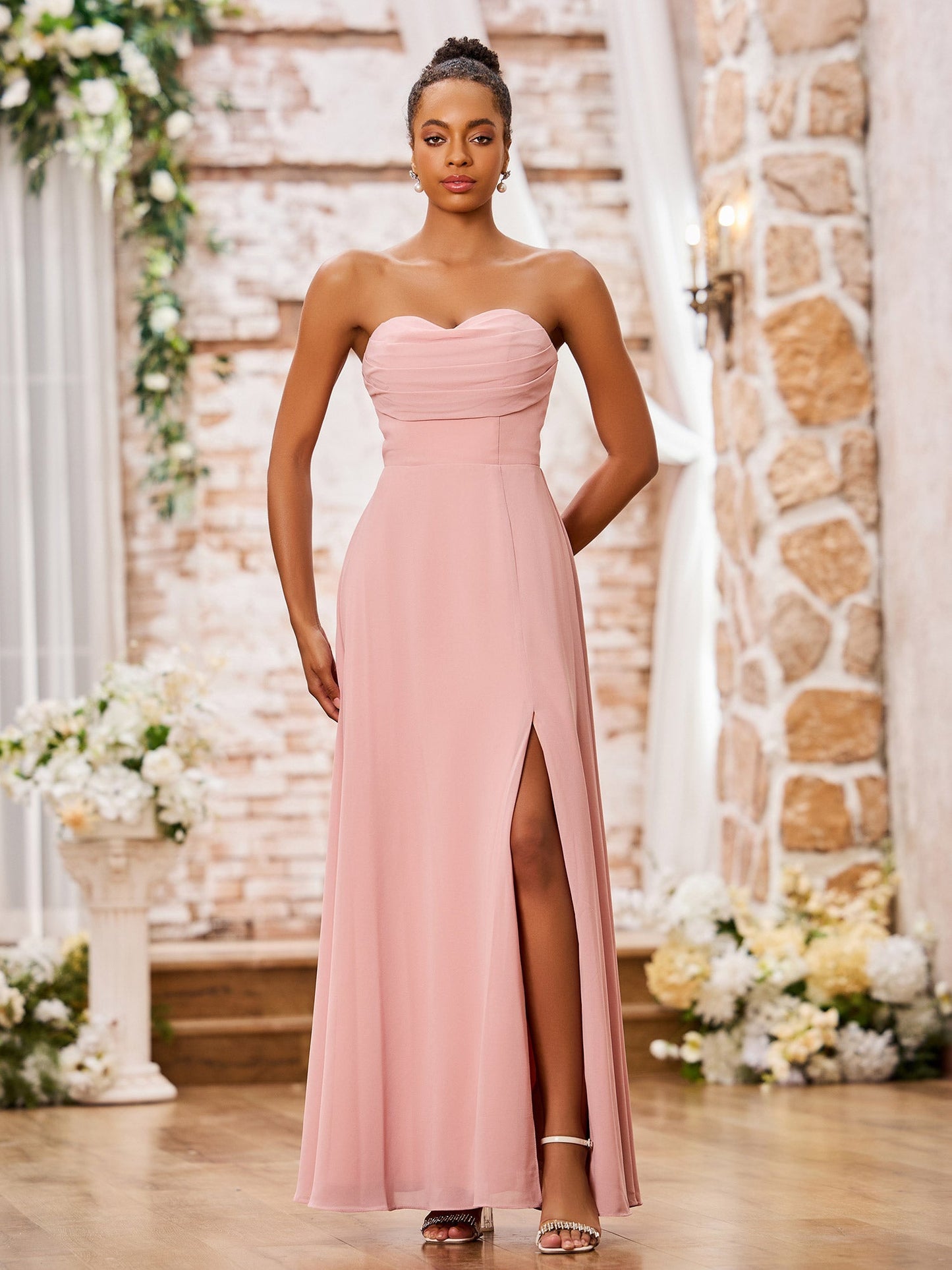 Strapless Sweetheart Neck A-line Chiffon Maxi Dresses Dusty Rose