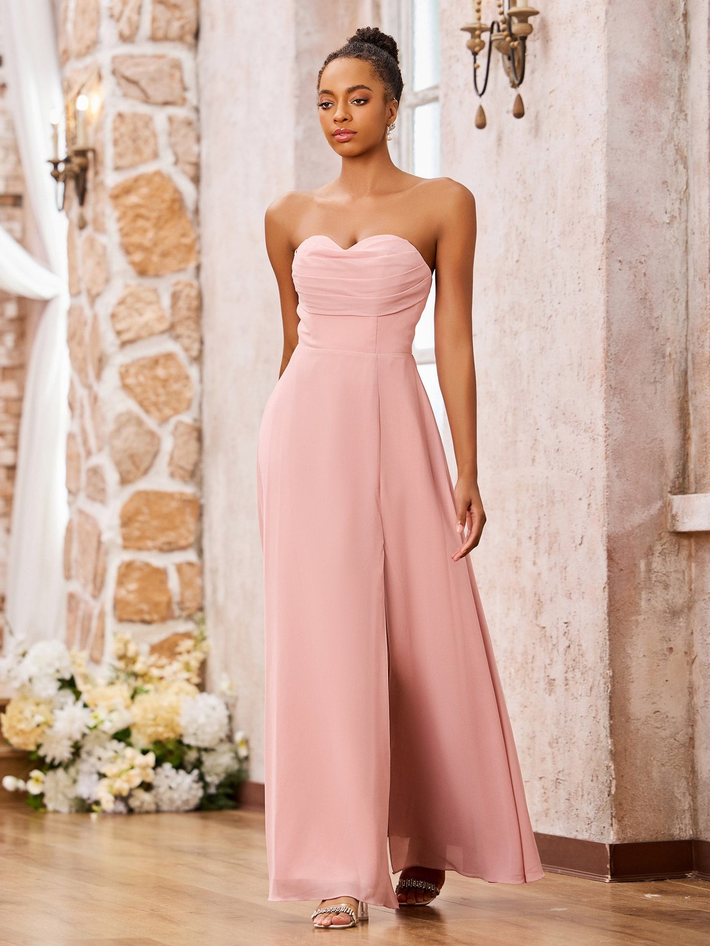 Strapless Sweetheart Neck A-line Chiffon Maxi Dresses Dusty Rose