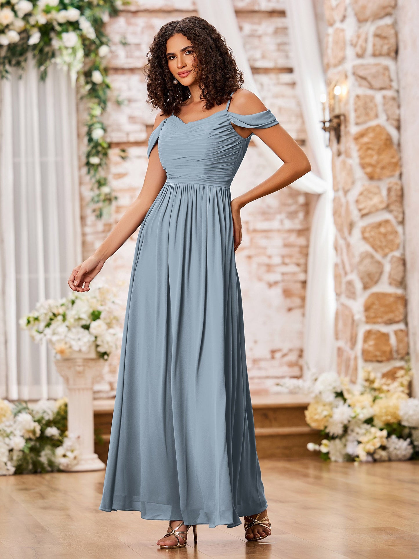 Scoop Neck Spaghetti Straps Long Chiffon Dresses Dusty Blue