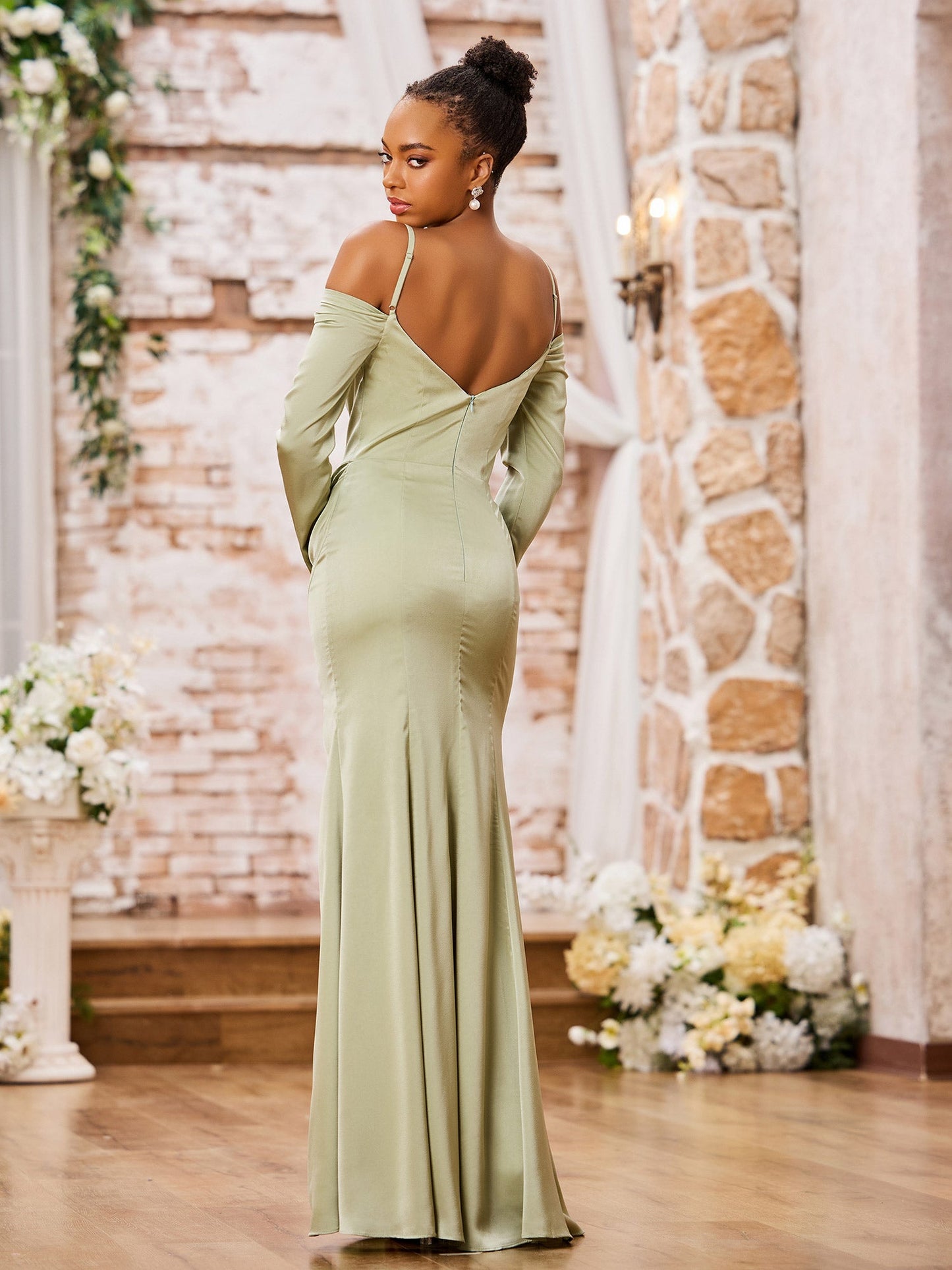 Spaghetti Straps Off Sholder Long Sleeves Dresses Dusty Sage