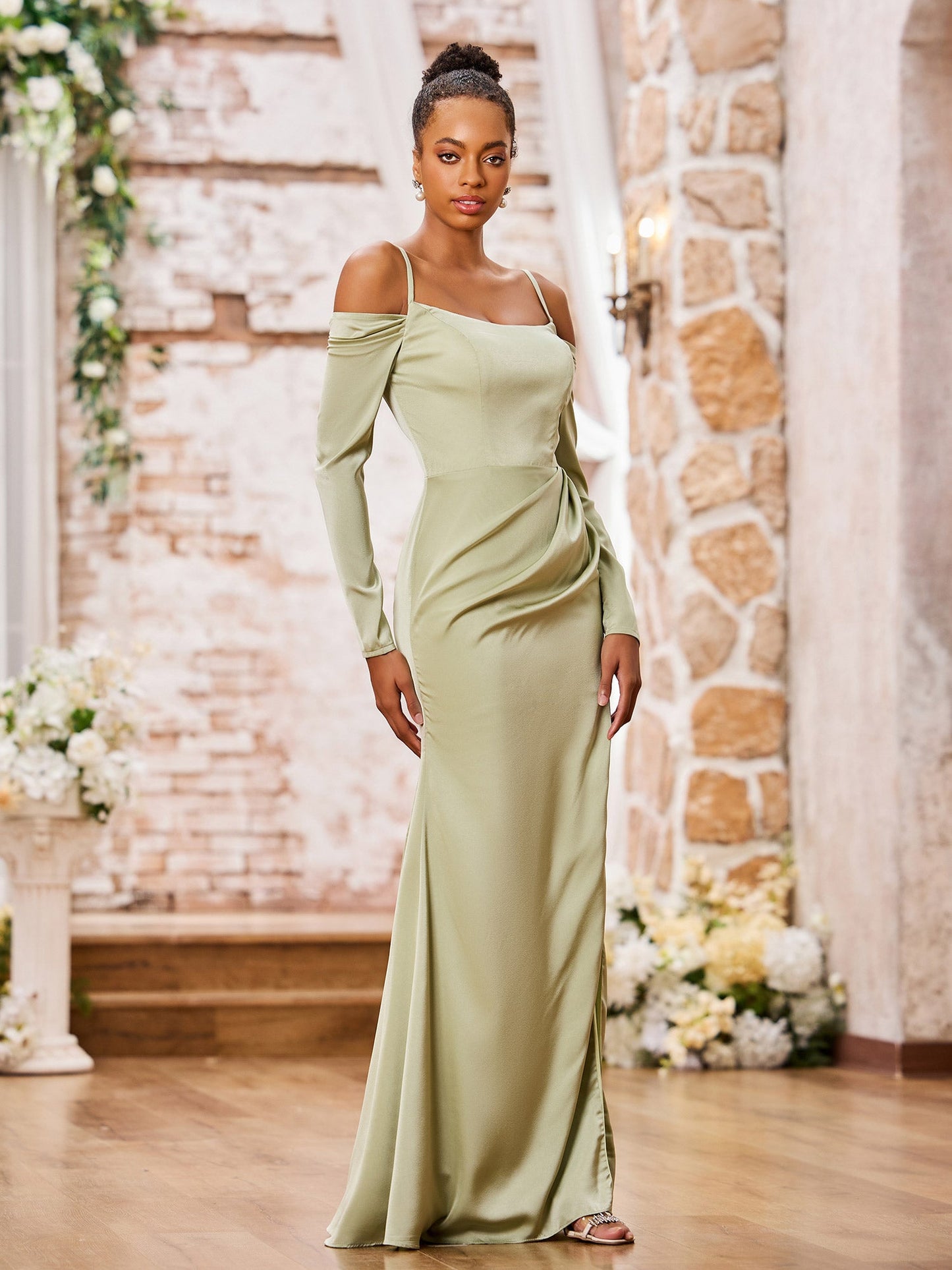 Spaghetti Straps Off Sholder Long Sleeves Dresses Dusty Sage