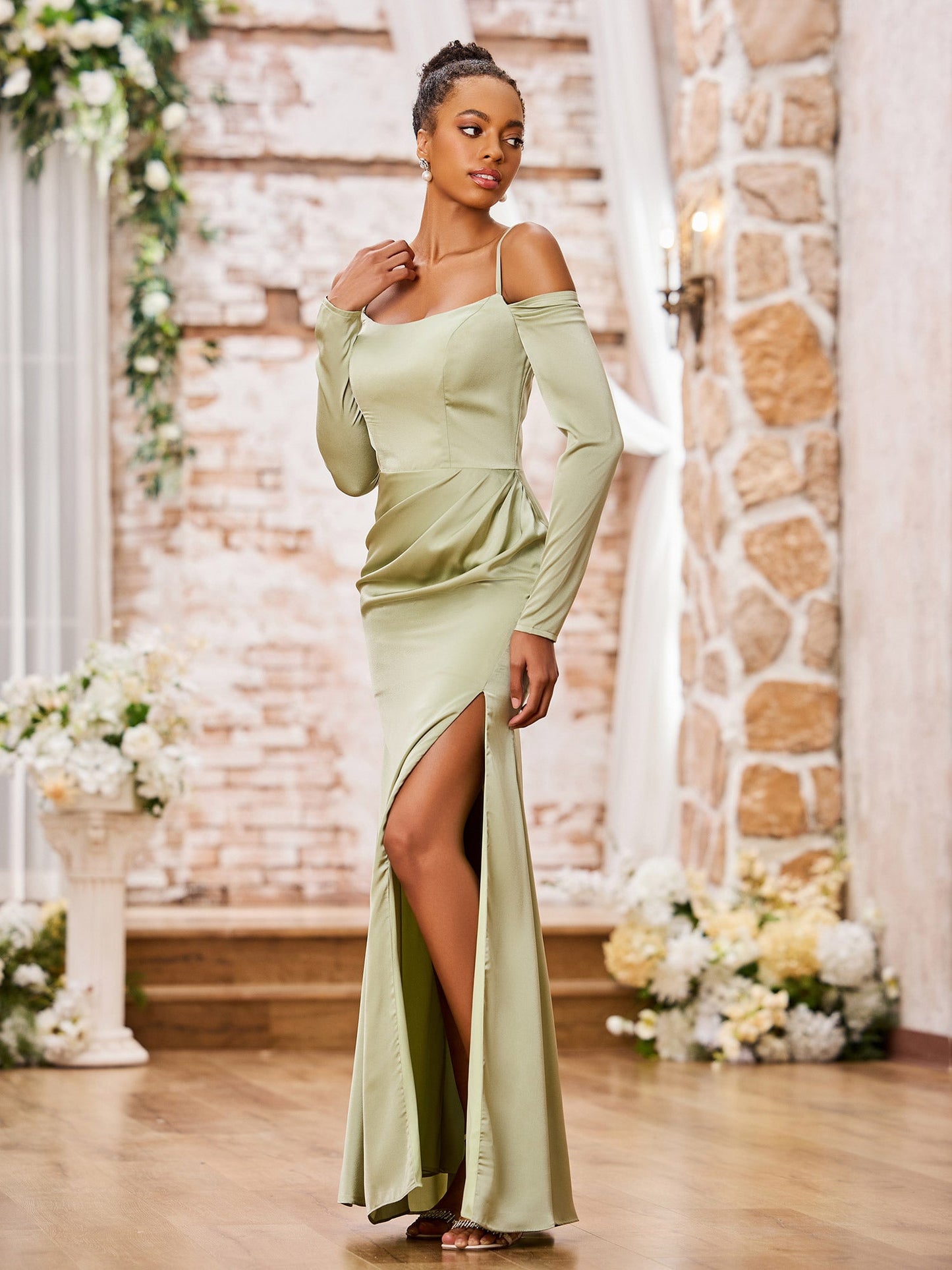 Spaghetti Straps Off Sholder Long Sleeves Dresses Dusty Sage