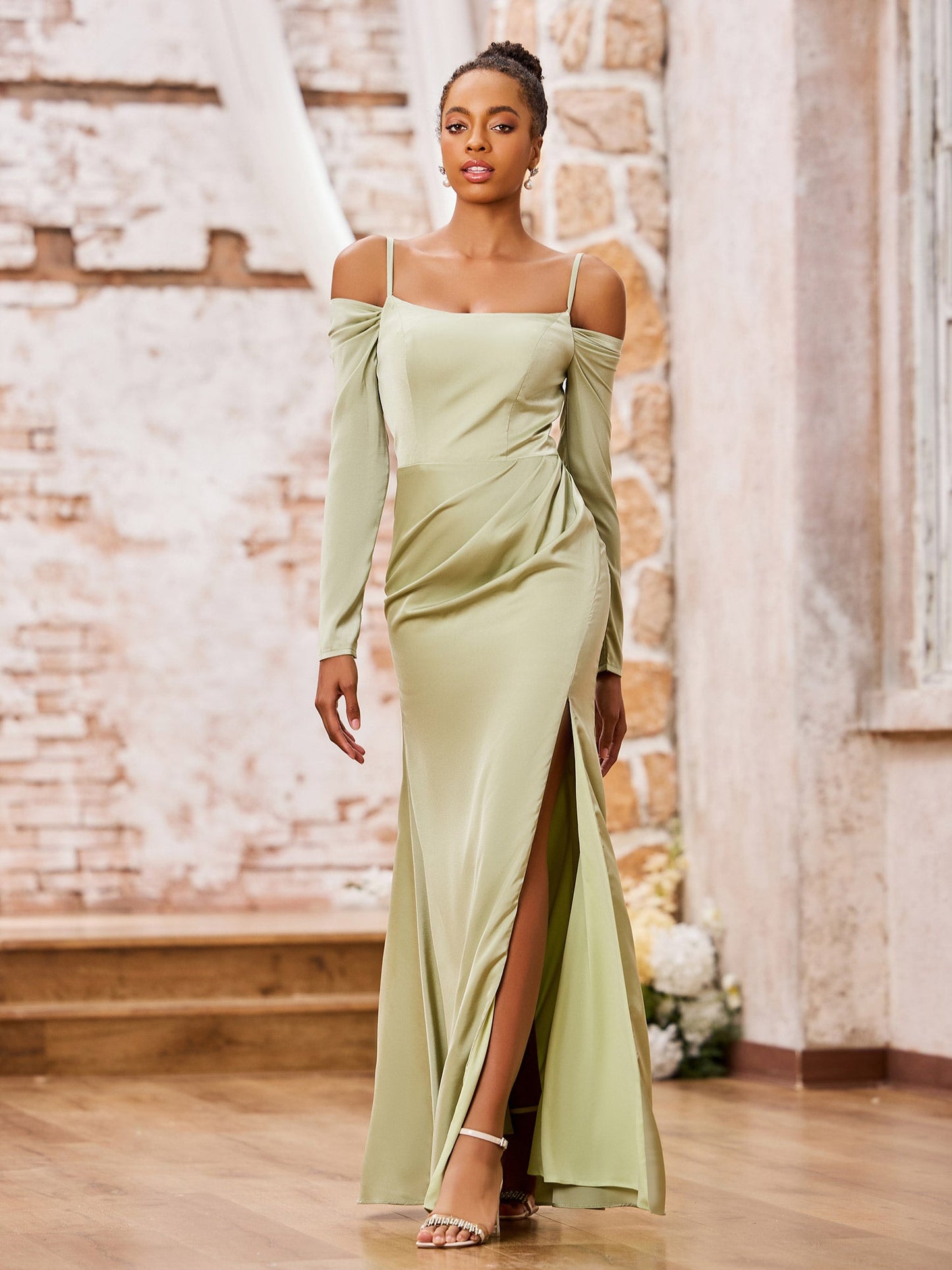 Spaghetti Straps Off Sholder Long Sleeves Dresses Dusty Sage