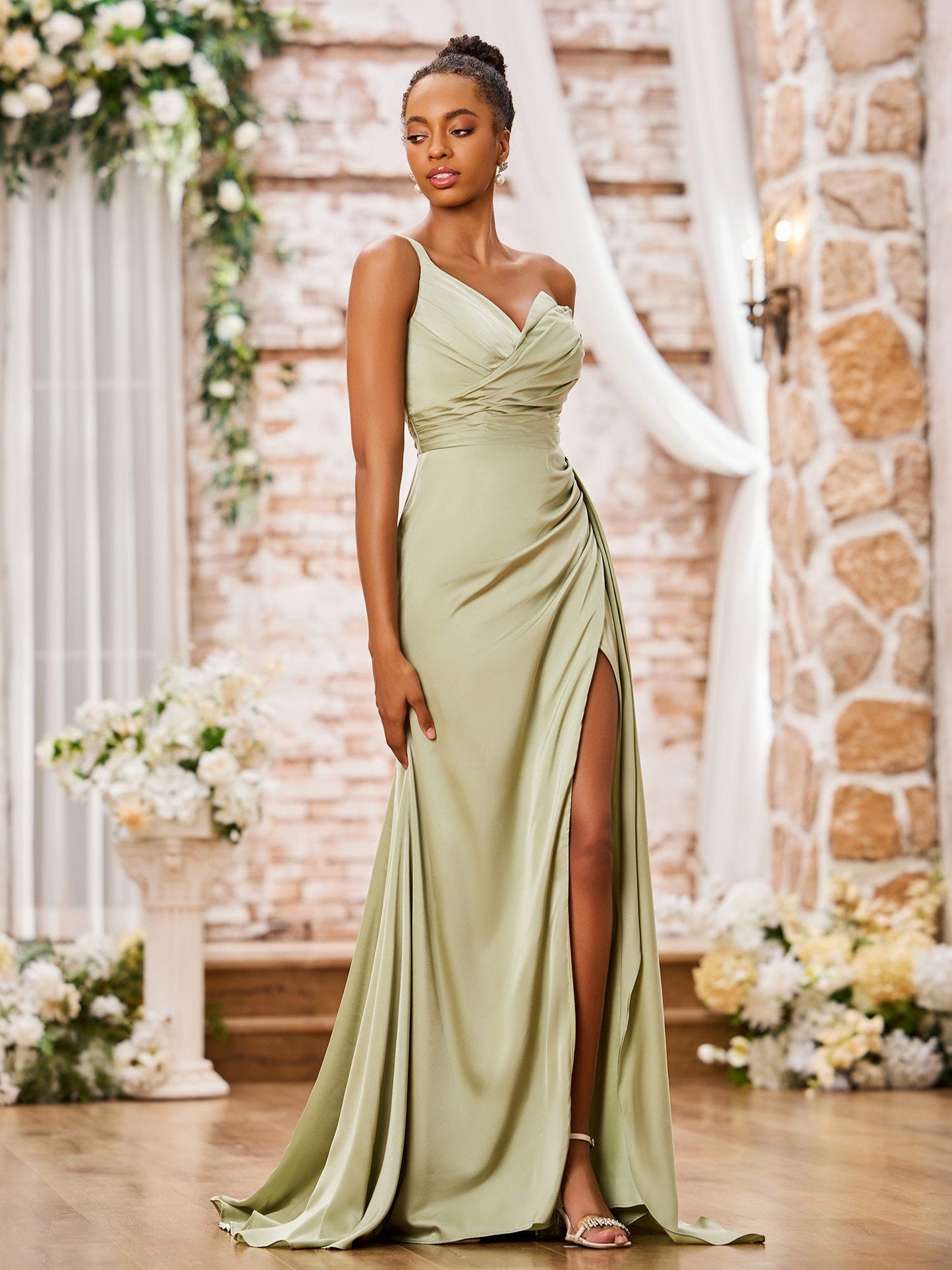 One Shoulder Sweetheart High Slit Sexy Dresses Dusty Sage