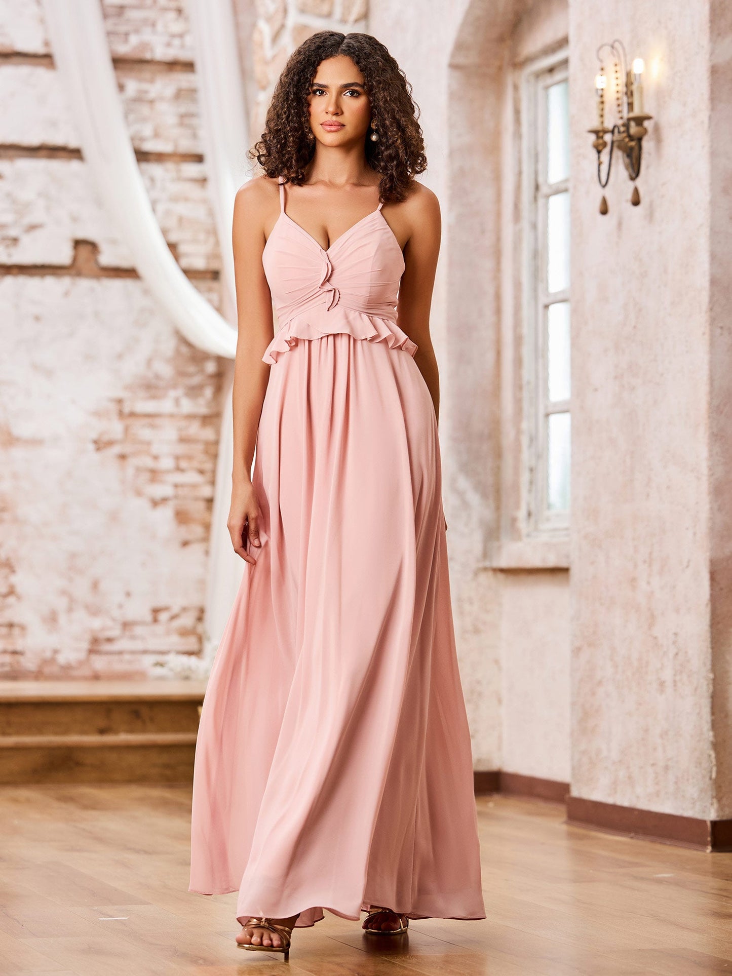 Spaghetti Straps A-line Chiffon Gowns with Ruffles Waist Dusty Rose