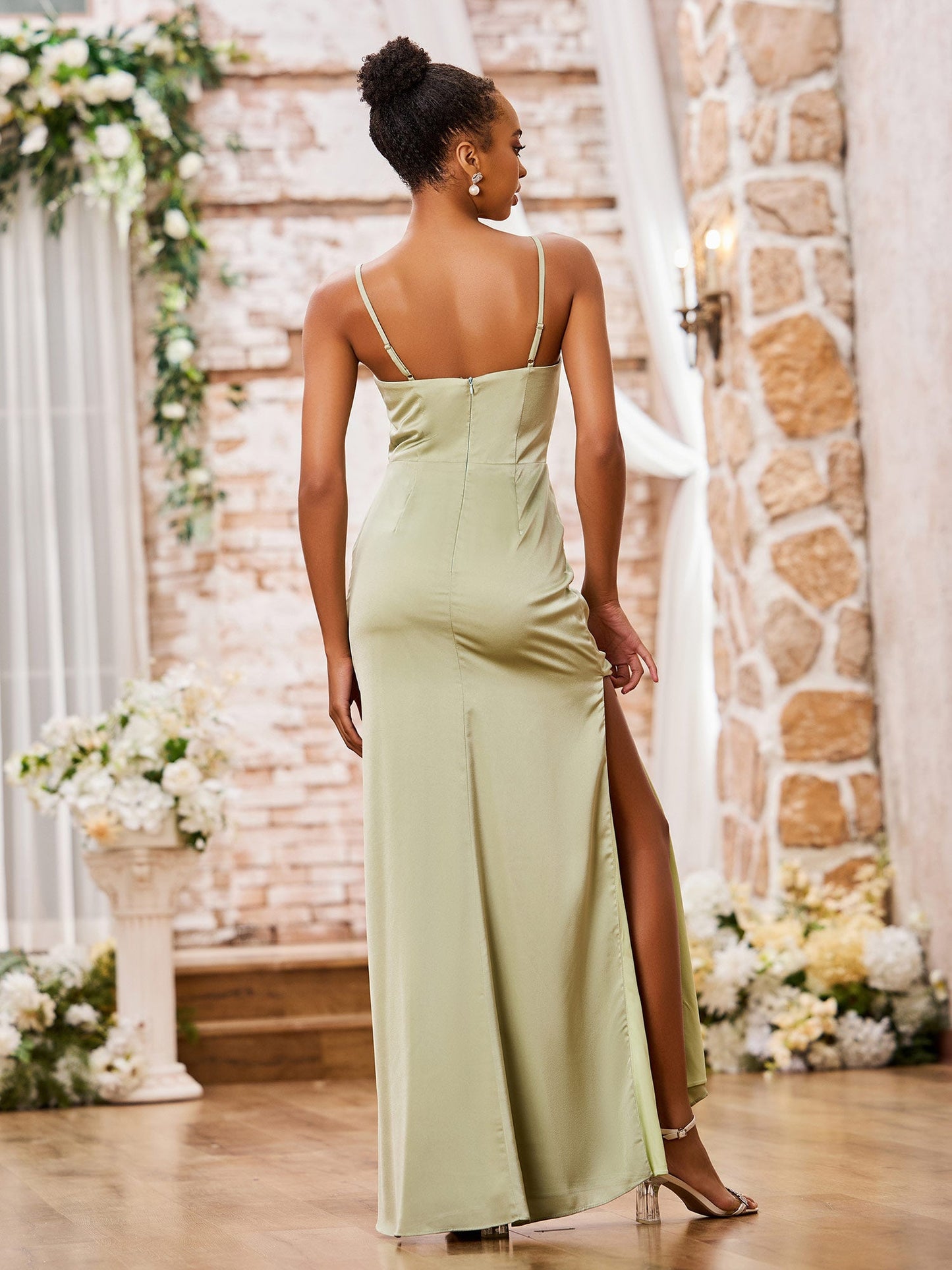 Spaghetti Straps Sheath Soft Satin Dresses with Side Slit Dusty Sage