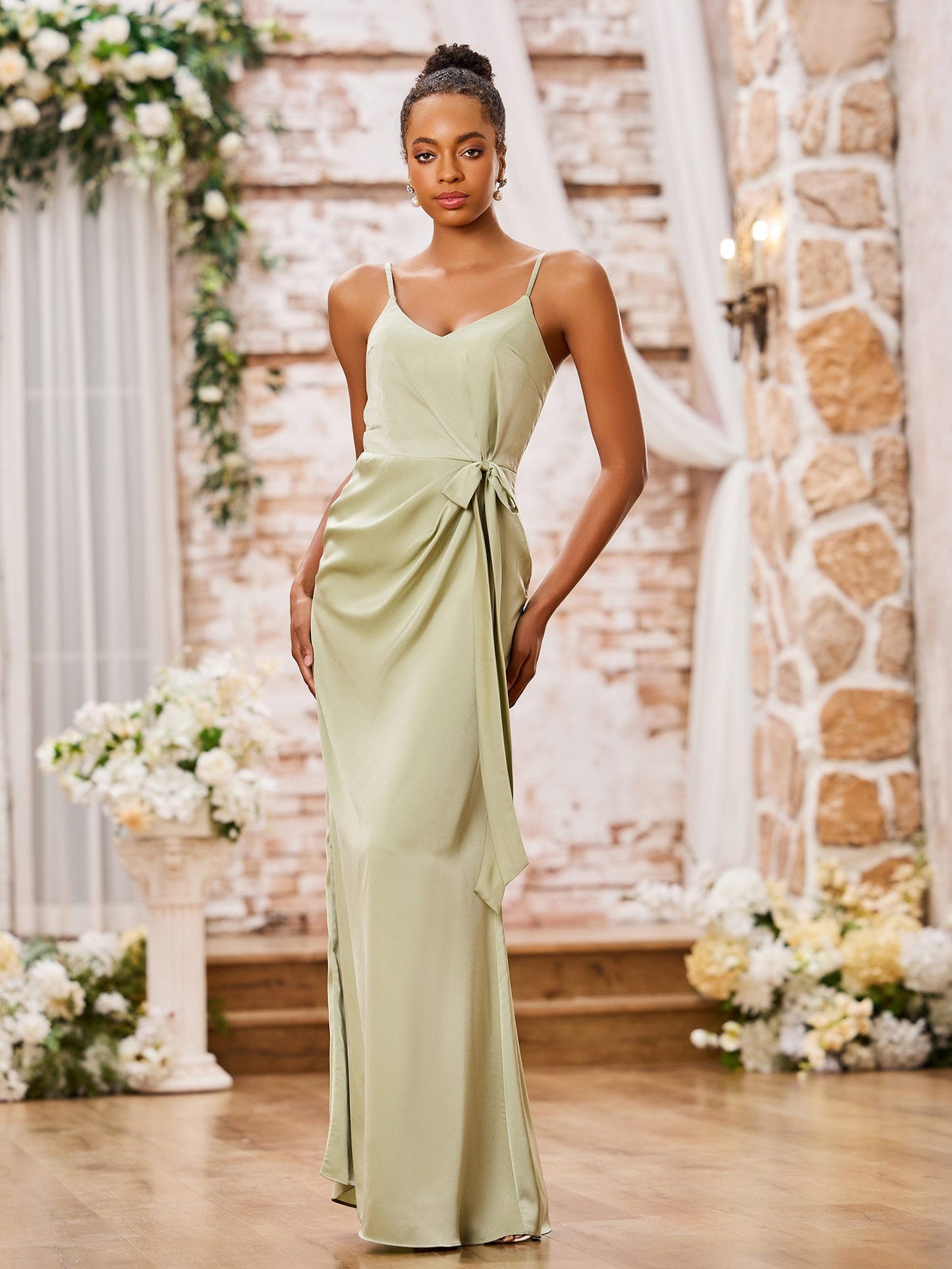 Spaghetti Straps Sheath Soft Satin Dresses with Side Slit Dusty Sage