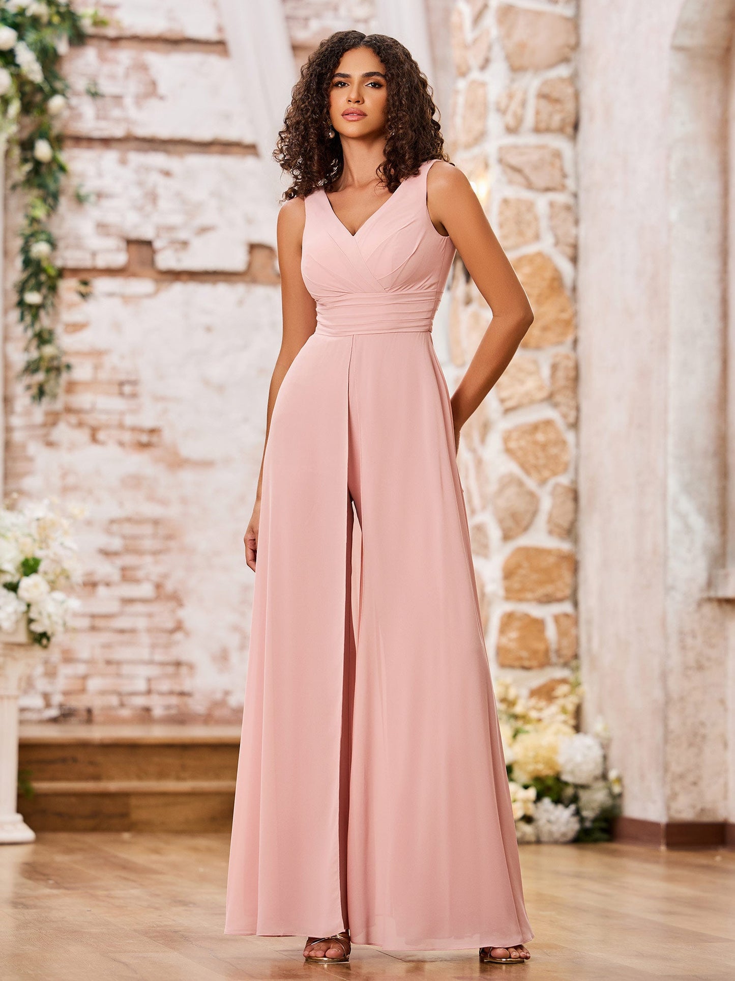 A-line V-neck Chiffon Long Dresses with Jumpsuit Dusty Rose