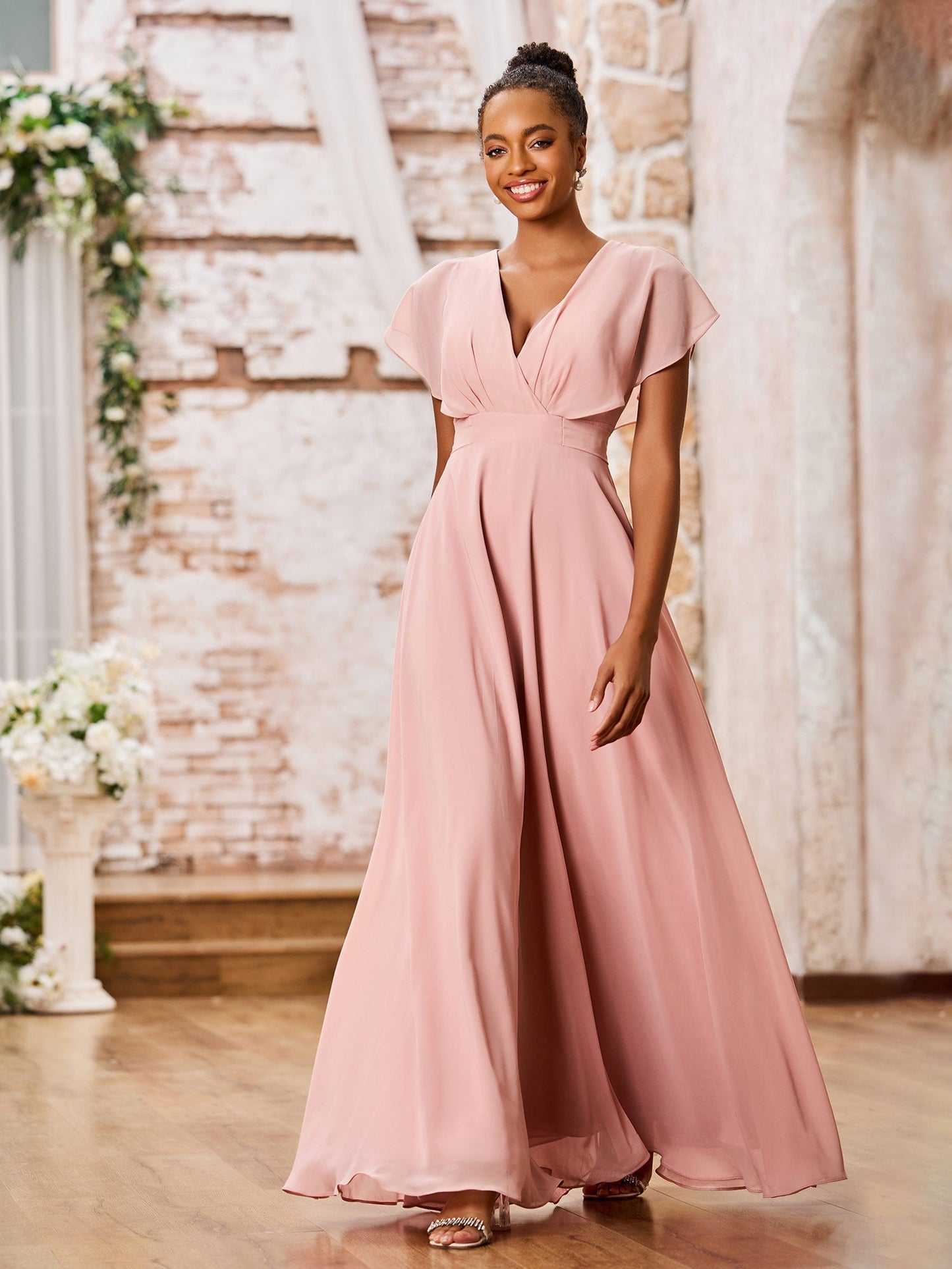 A-line Deep V-neck Long Chiffon Cap Sleeves Dresses Dusty Rose