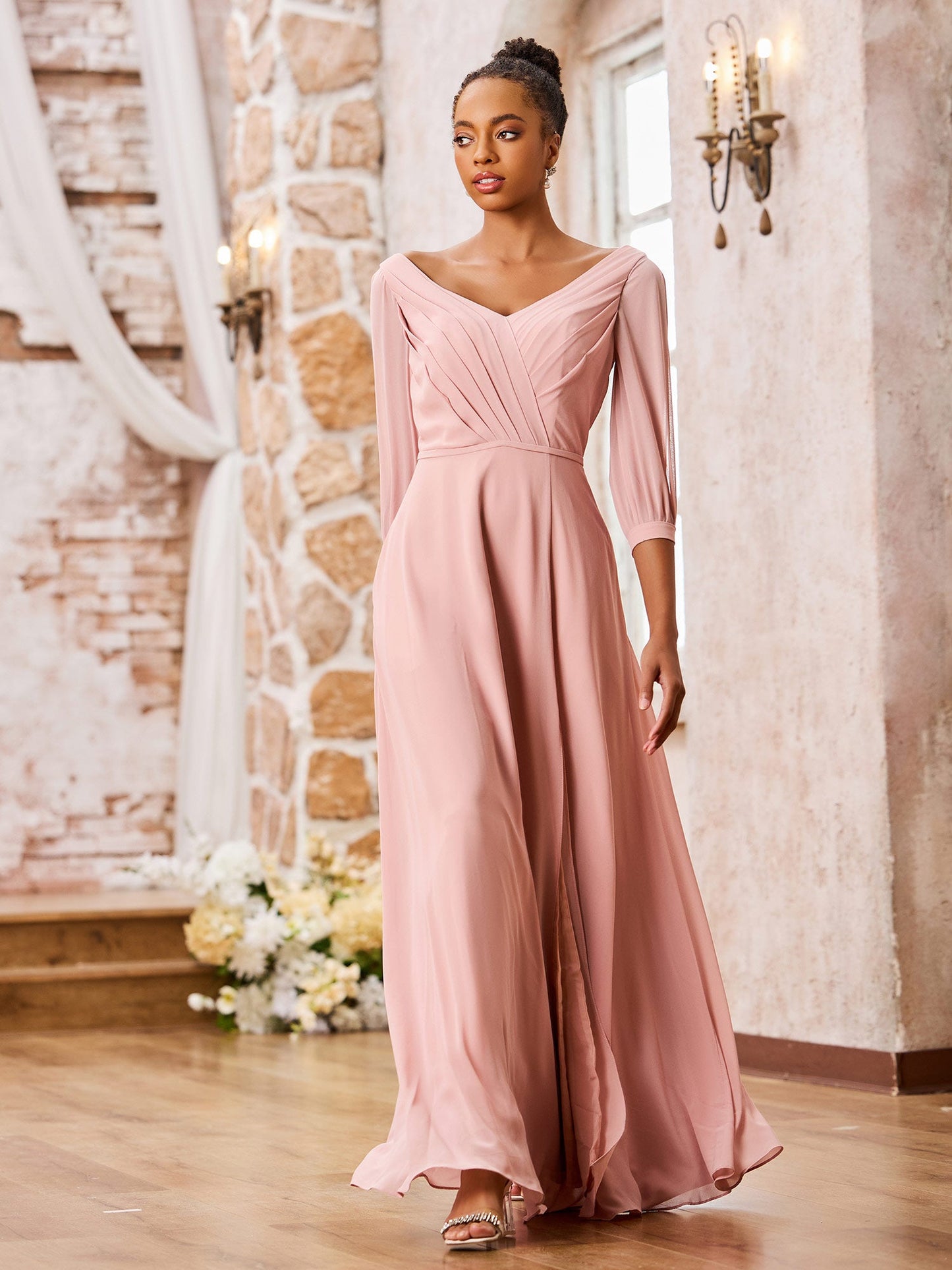 V-neck A-line Long Sleeves Maxi Chiffon Dresses with Slit Dusty Rose