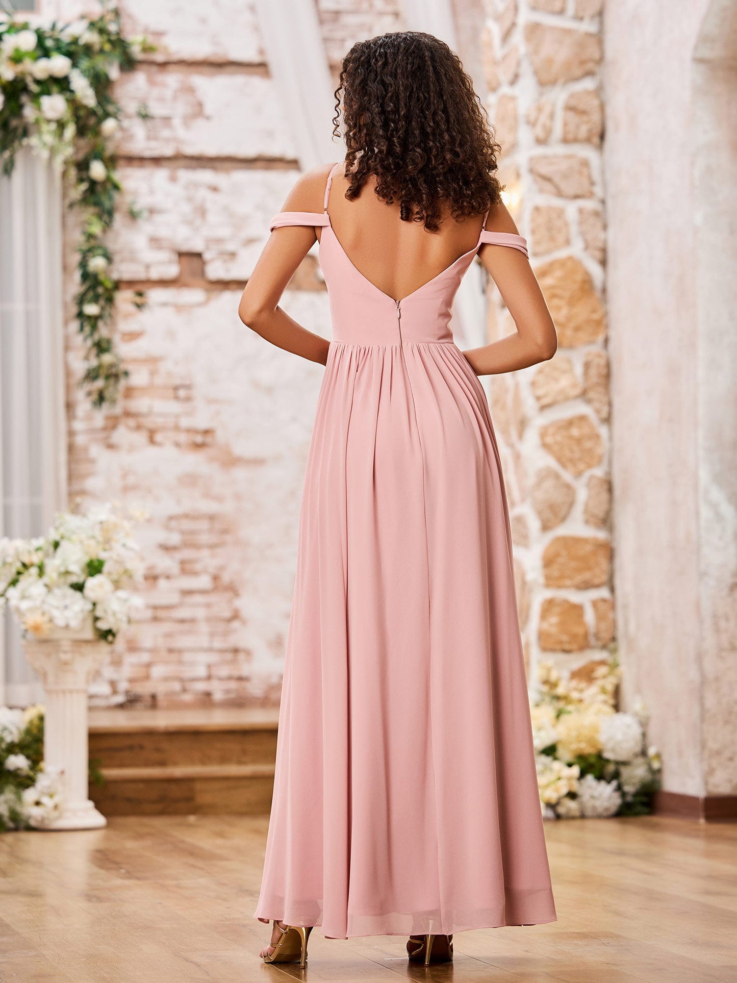 Spaghetti Straps Deep V-neck Maxi Dresses with Slit Dusty Rose