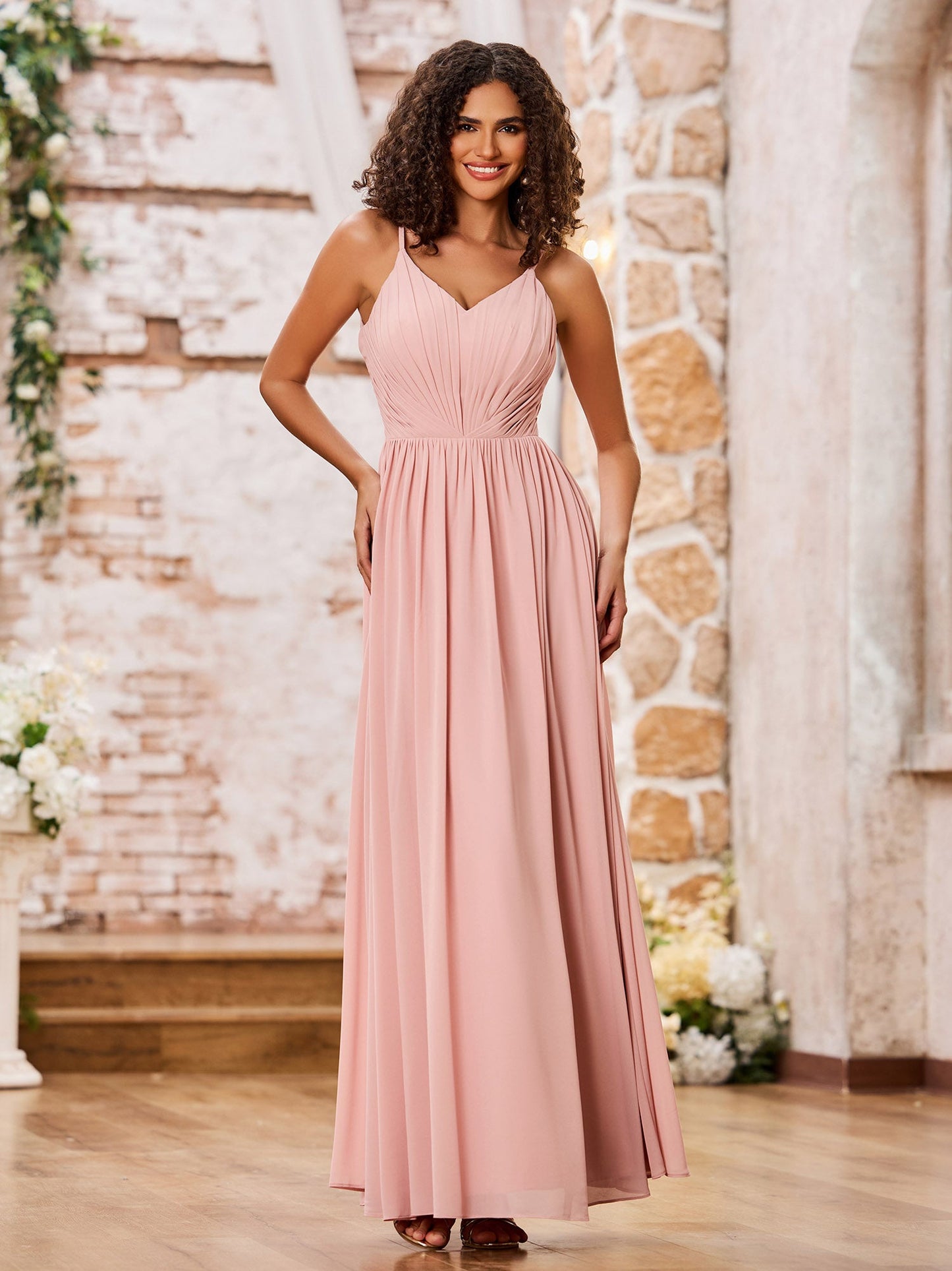 A-line Spaghetti Straps Pleated Maxi Chiffon Dresses Dusty Rose
