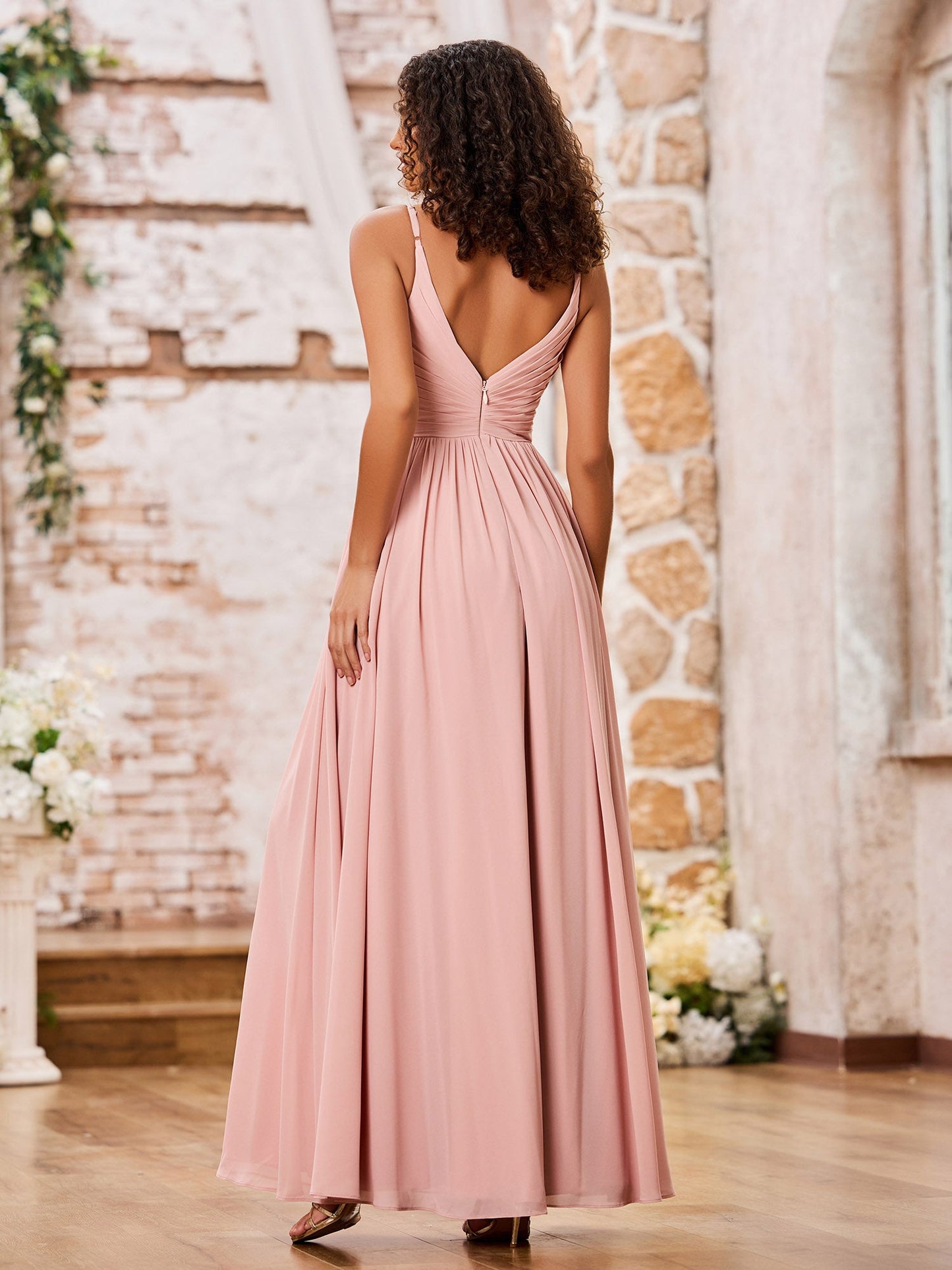 A-line Spaghetti Straps Pleated Maxi Chiffon Dresses Dusty Rose