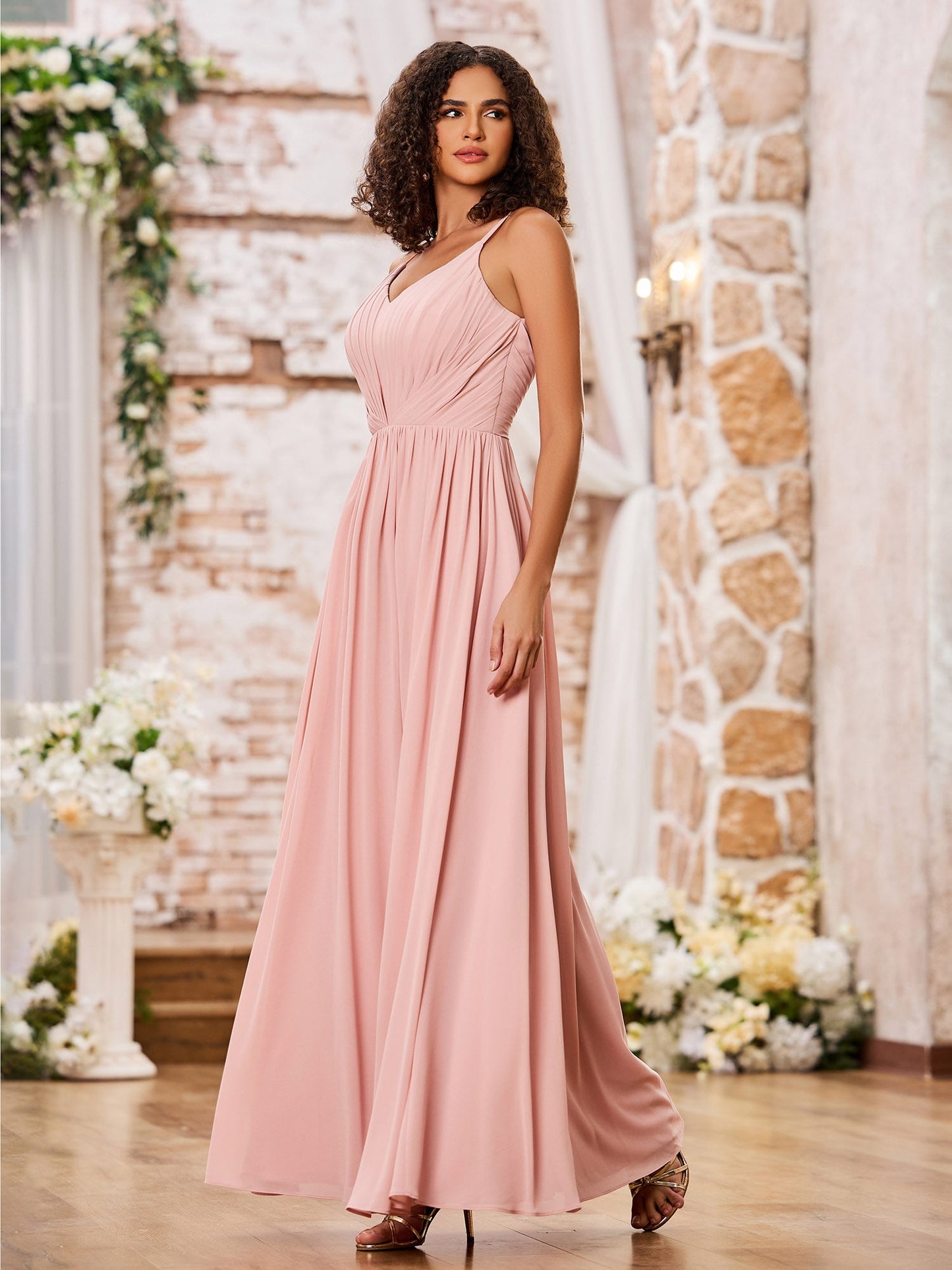 A-line Spaghetti Straps Pleated Maxi Chiffon Dresses Dusty Rose