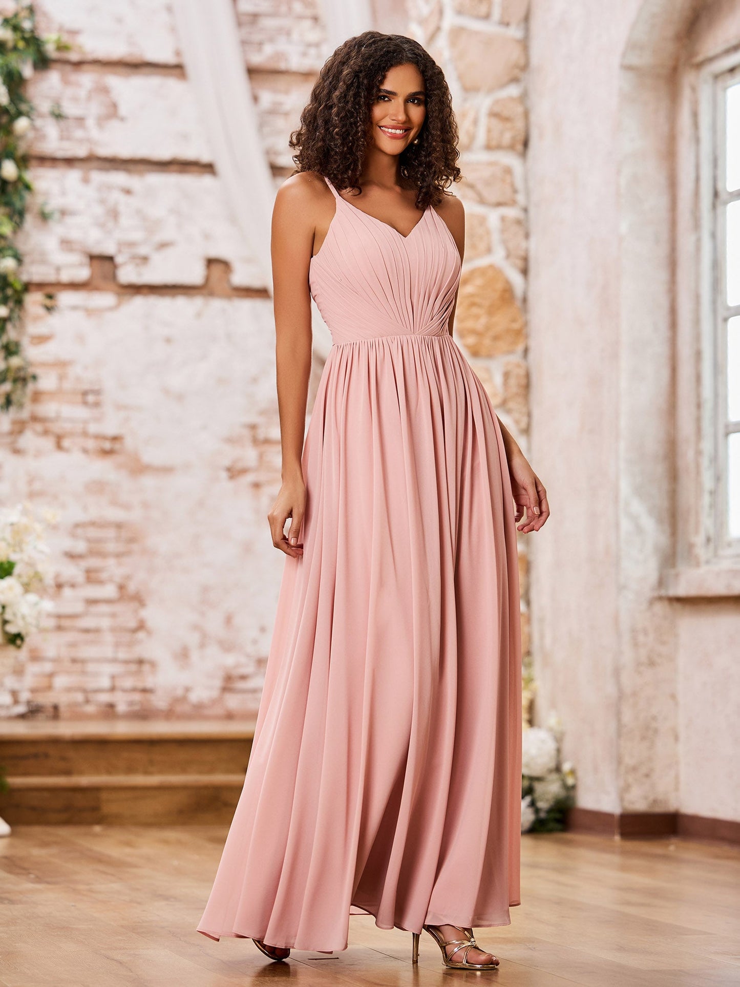 A-line Spaghetti Straps Pleated Maxi Chiffon Dresses Dusty Rose