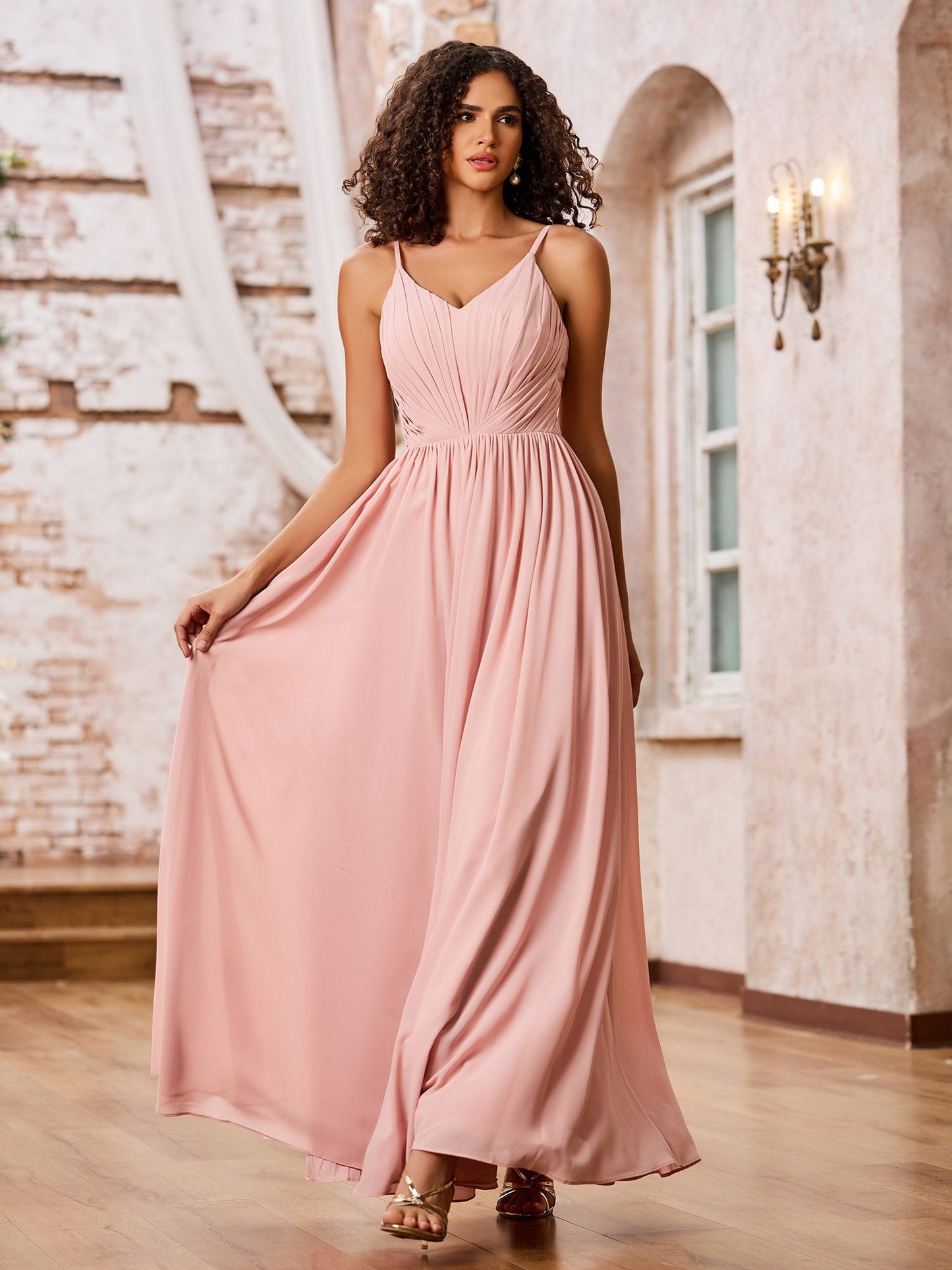 A-line Spaghetti Straps Pleated Maxi Chiffon Dresses Dusty Rose