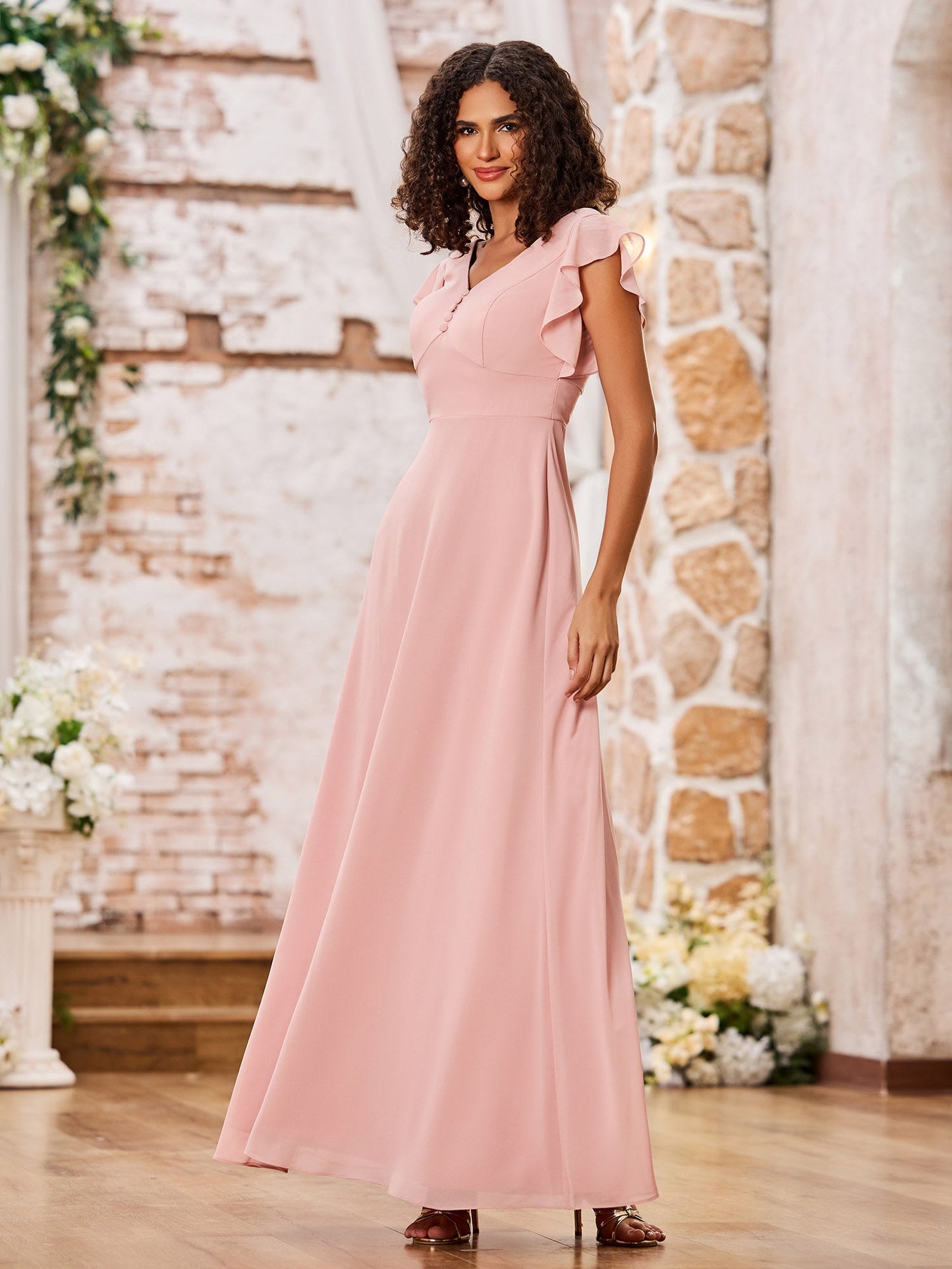 V-neck A-line Flutter Sleeves Long Chiffon Dresses Dusty Rose