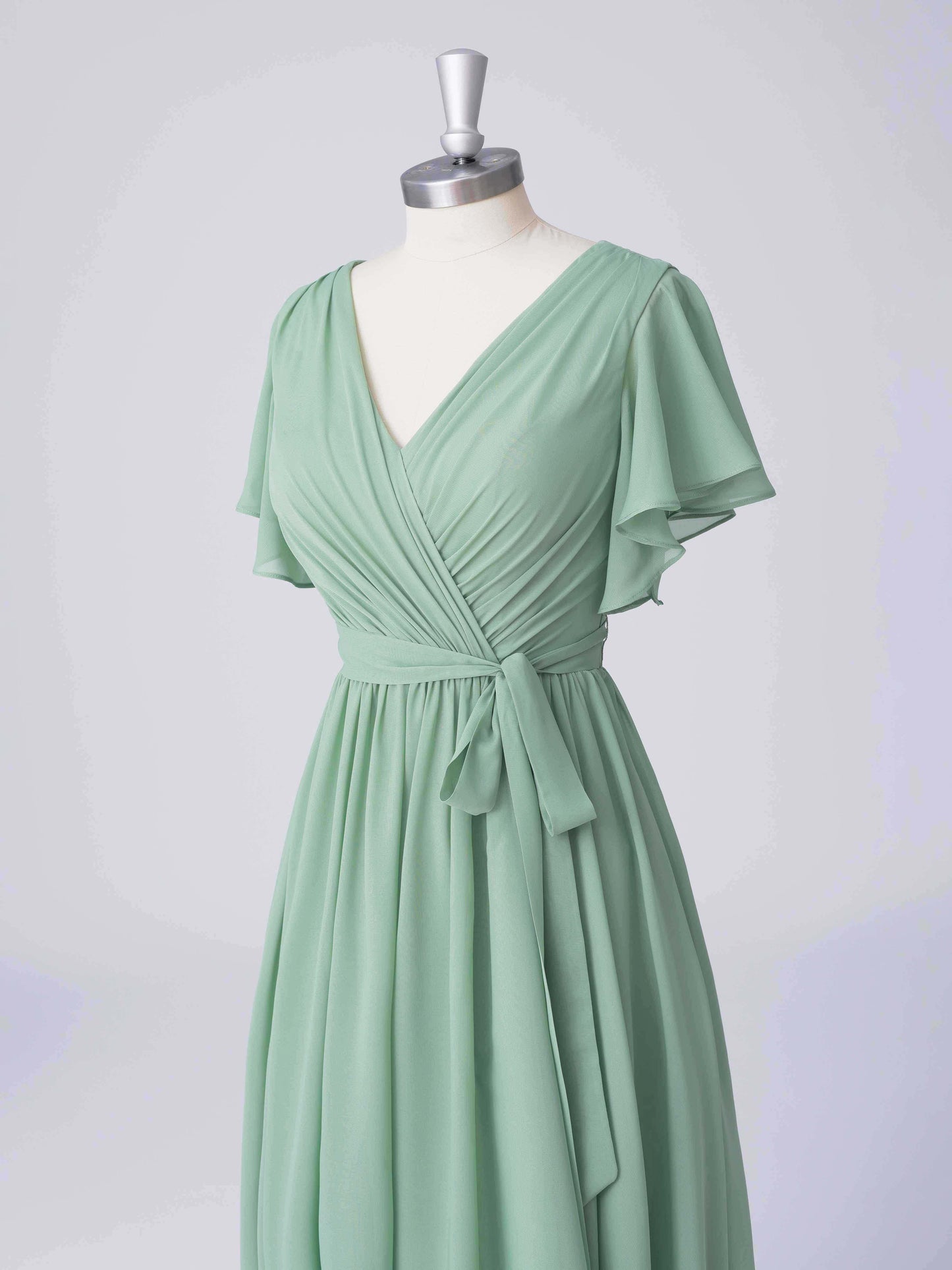 Lunette Elegant V-Neck Chiffon A-line Bridesmaid Dresses with Belt