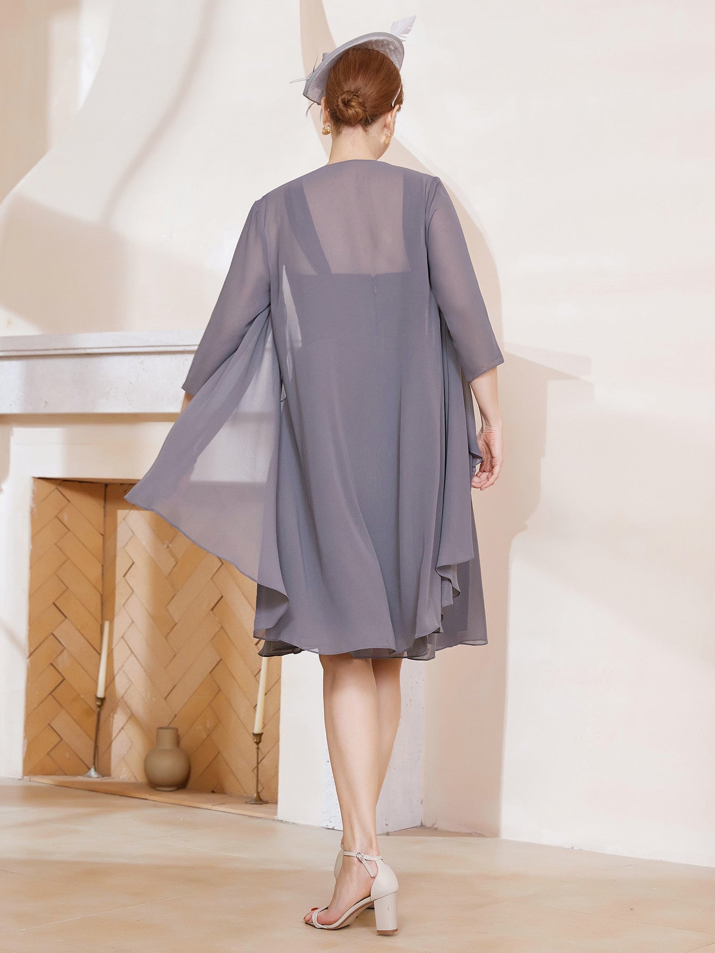 A-Line Chiffon Knee-length Dress With Jacket Steel Grey