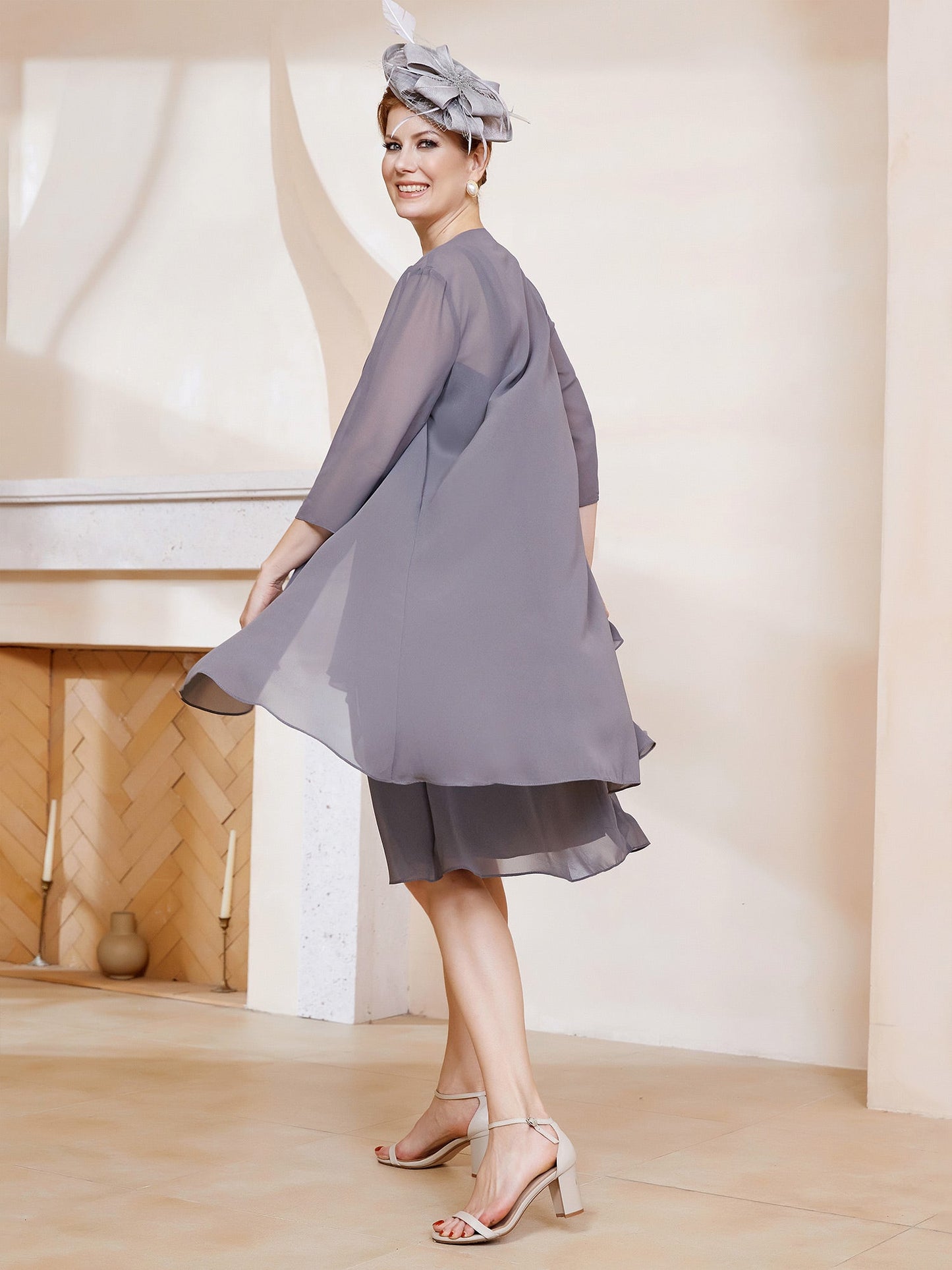 A-Line Chiffon Knee-length Dress With Jacket Steel Grey