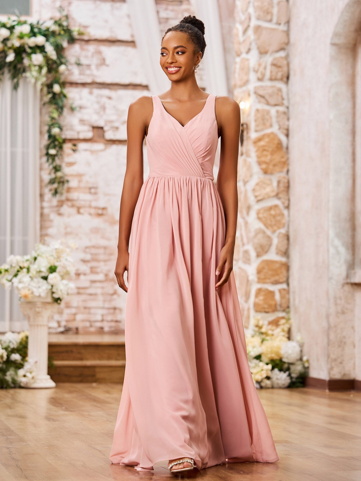 V-neck Shoulder Straps Pleated Maxi Chiffon Dresses Dusty Rose