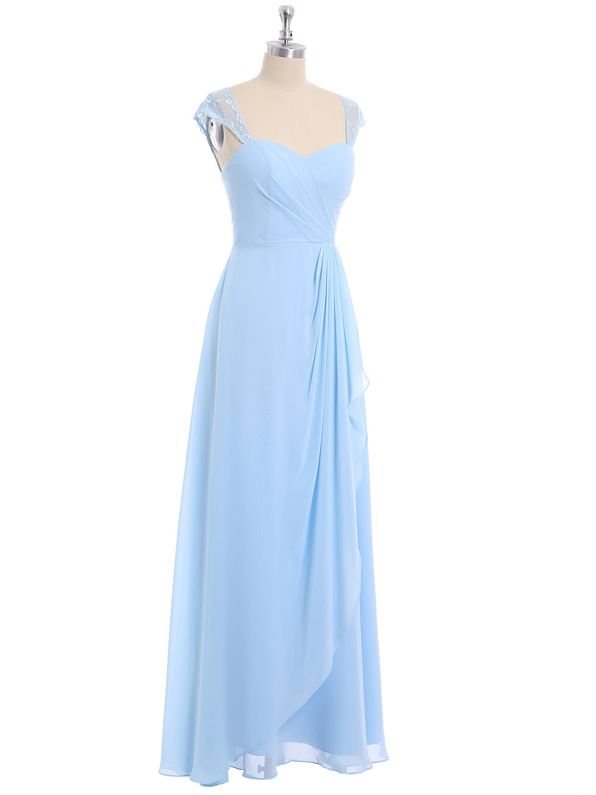 Chiffon Bridesmaid Dresses with Lace Cap Sleeves-Sky Blue