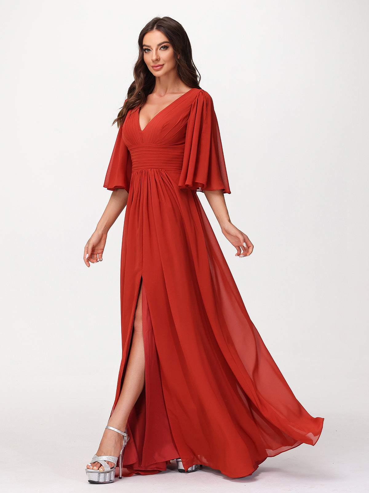 Deep V-neck Chiffon Dresses with Slit Rust