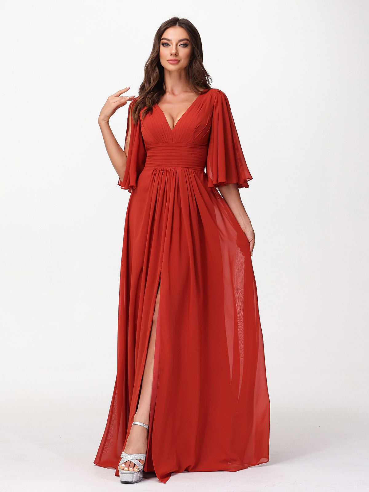 Deep V-neck Chiffon Dresses with Slit Rust