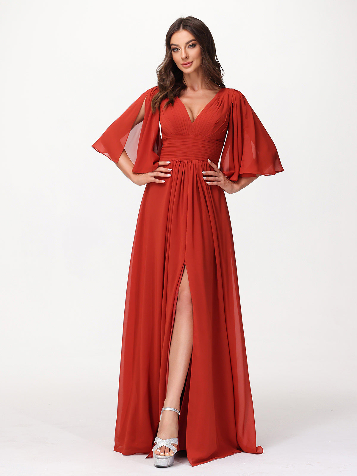 Deep V-neck Chiffon Dresses with Slit Rust
