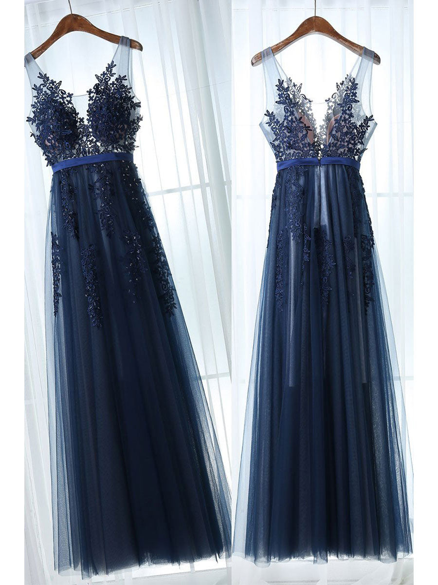 Marvelous Tulle V-neck Neckline A-line Prom Dresses With Beaded Appliques