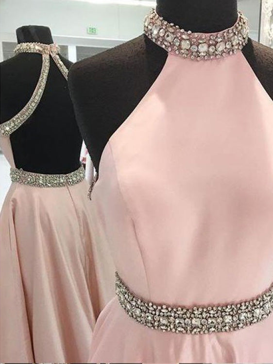 Popular Satin Jewel Neckline Backless Sweep Train A-line Prom Dresses With Rhinestones
