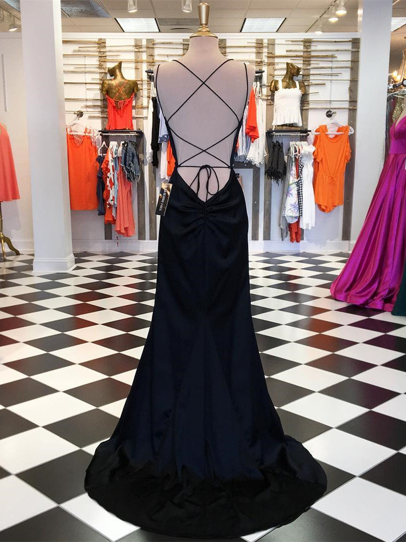 Marvelous Satin Spaghetti Straps Long Sheath Prom Dresses