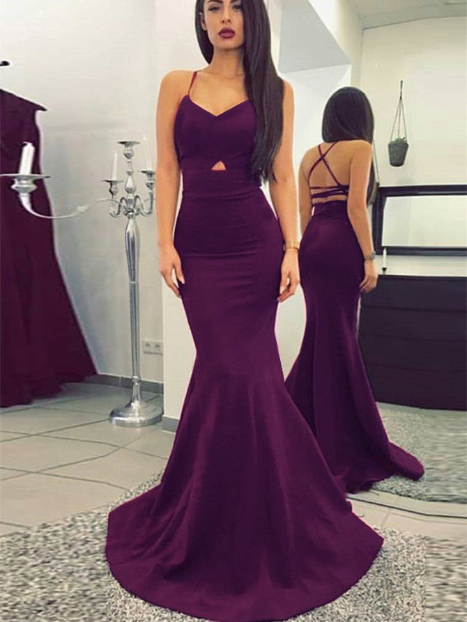 Sexy Stretch Satin Spaghetti Straps Mermaid Prom Dresses