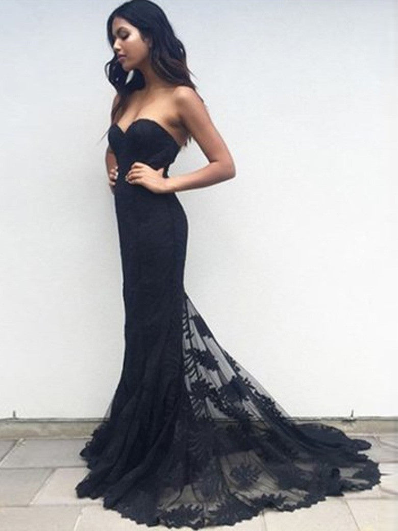 Modern Lace Black Prom Dresses Mermaid Sweetheart Gowns With Chapel Train
