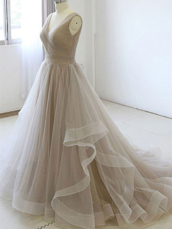 Simple V-neck Tulle Prom Dresses A-line Long Evening Gowns
