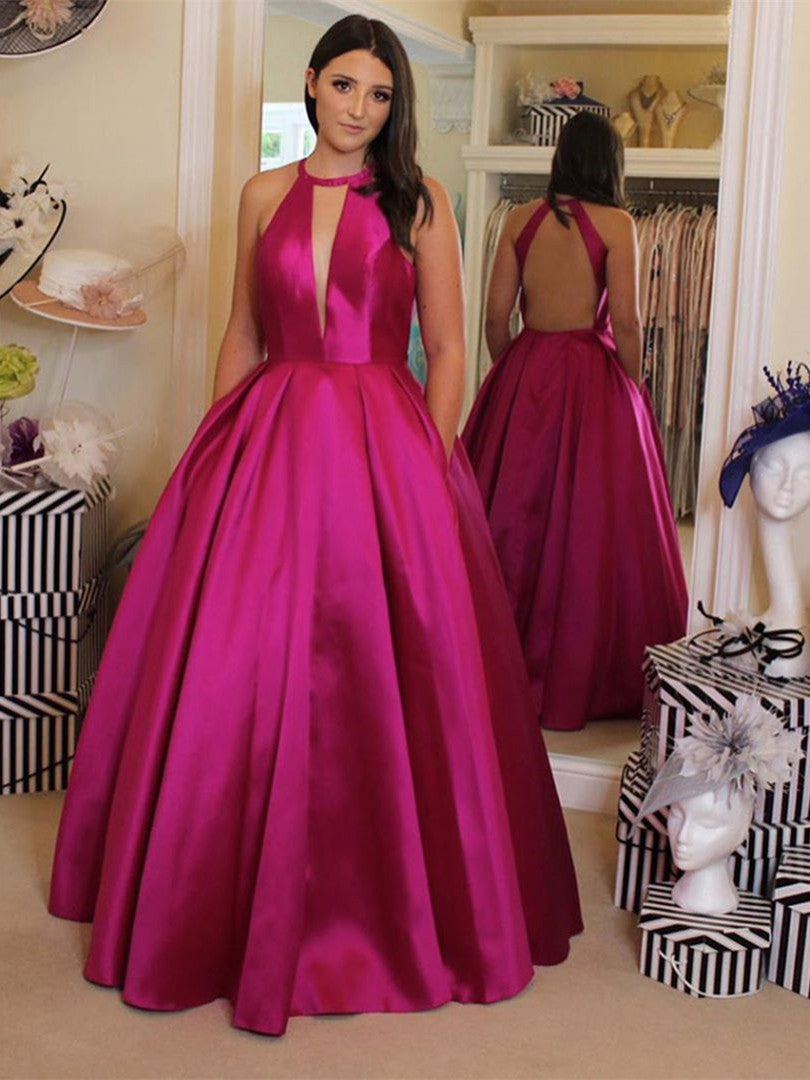 Simple Jewel A-line Prom Dresses Satin Backless Evening Dresses