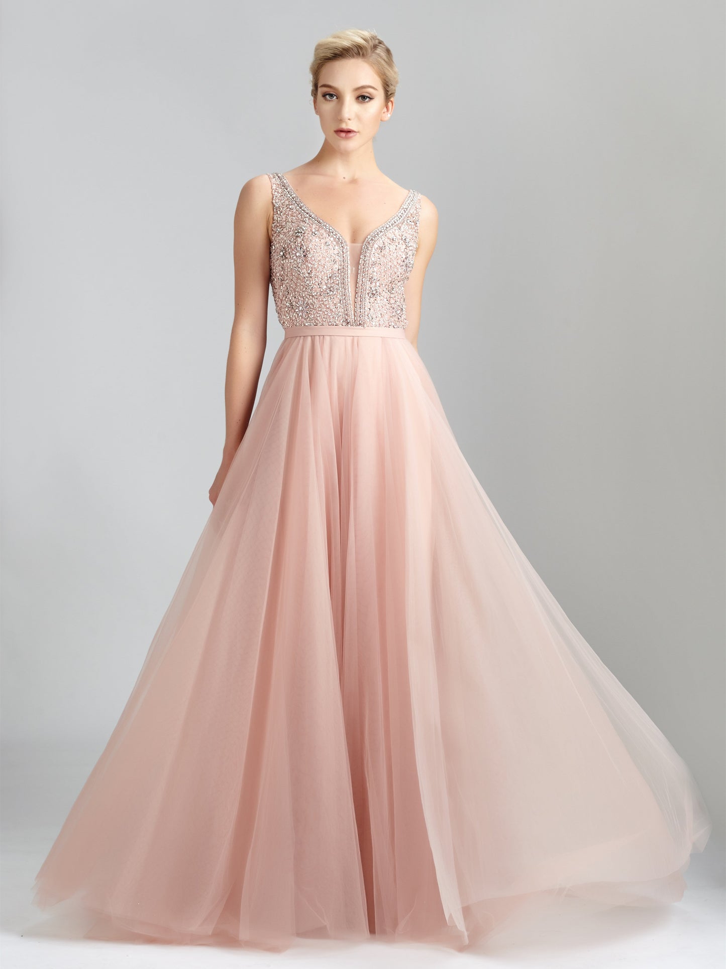 Shining Tulle Prom Dresses A-line Beaded Evening Gowns