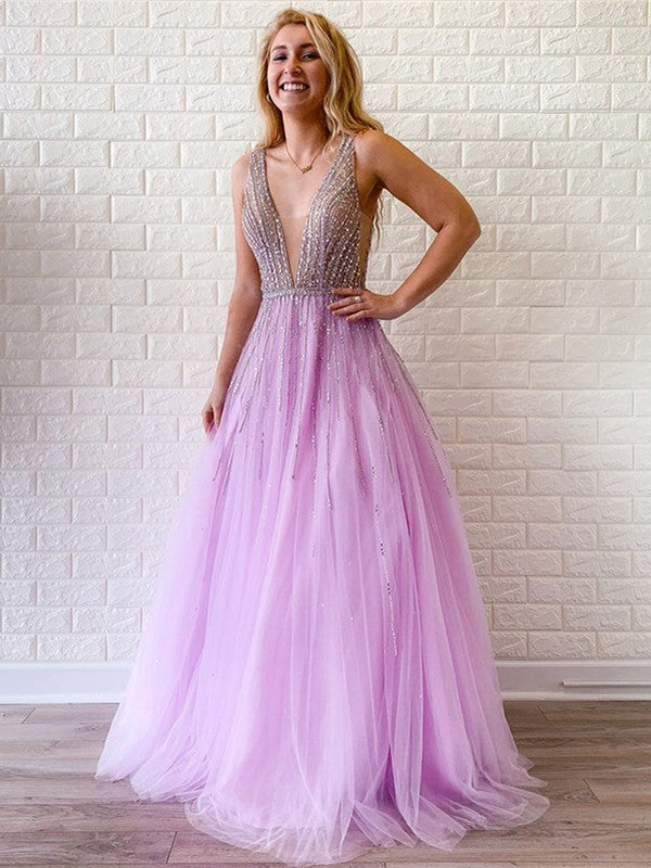Charming V-neck Tulle Prom Dresses A-line Beaded Gowns