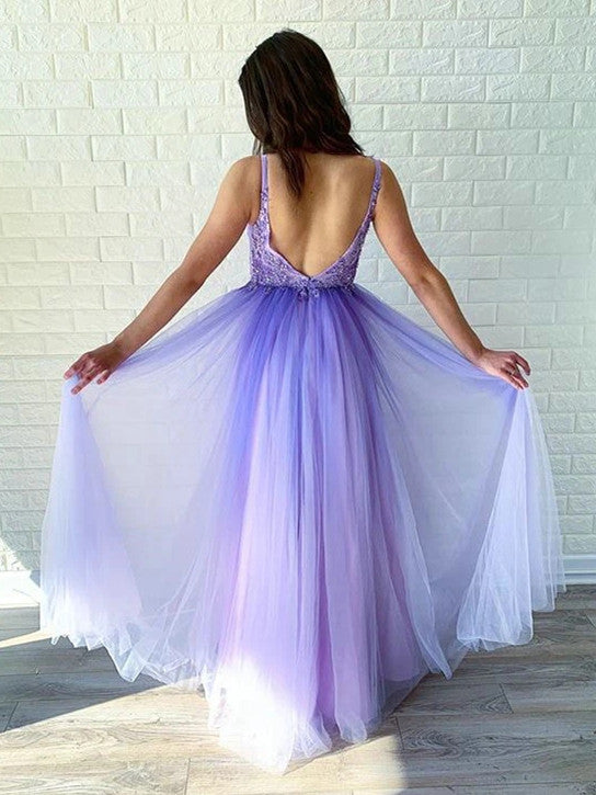Beaded Tulle Prom Dresses A-line Appliqued Evening Gowns