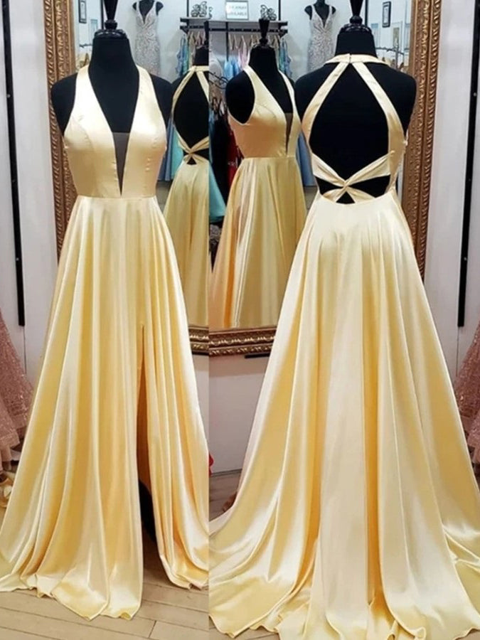 Simple Sexy Slit Satin V-Neck Backless Sweep Train A-line Prom Dresses