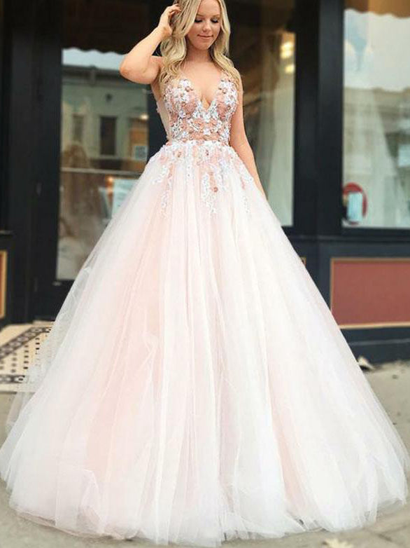 Simple Backless V-Neck Beaded Appliqued A-line Evening Dresses Tulle Prom Dress