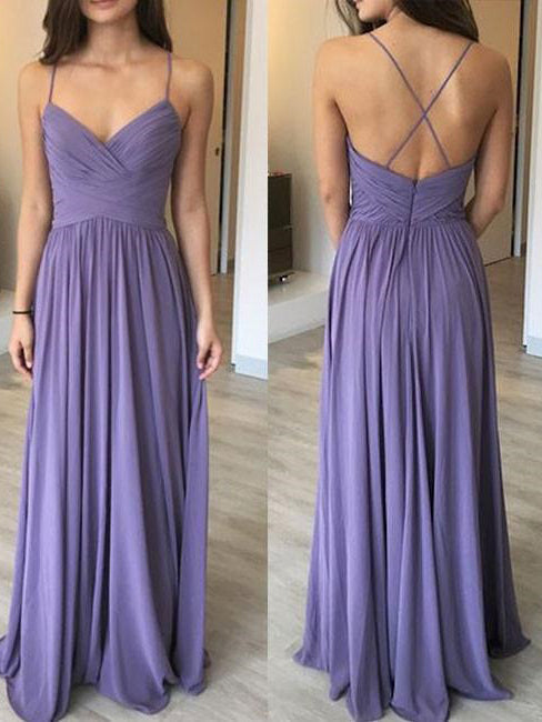 Simple Chiffon A-line Backless Prom Dresses With Spaghetti Straps