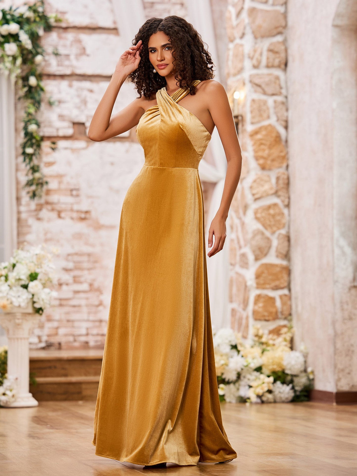 Velvet Grecian Neck Sleeveless Long Bridesmaid Gowns Gold