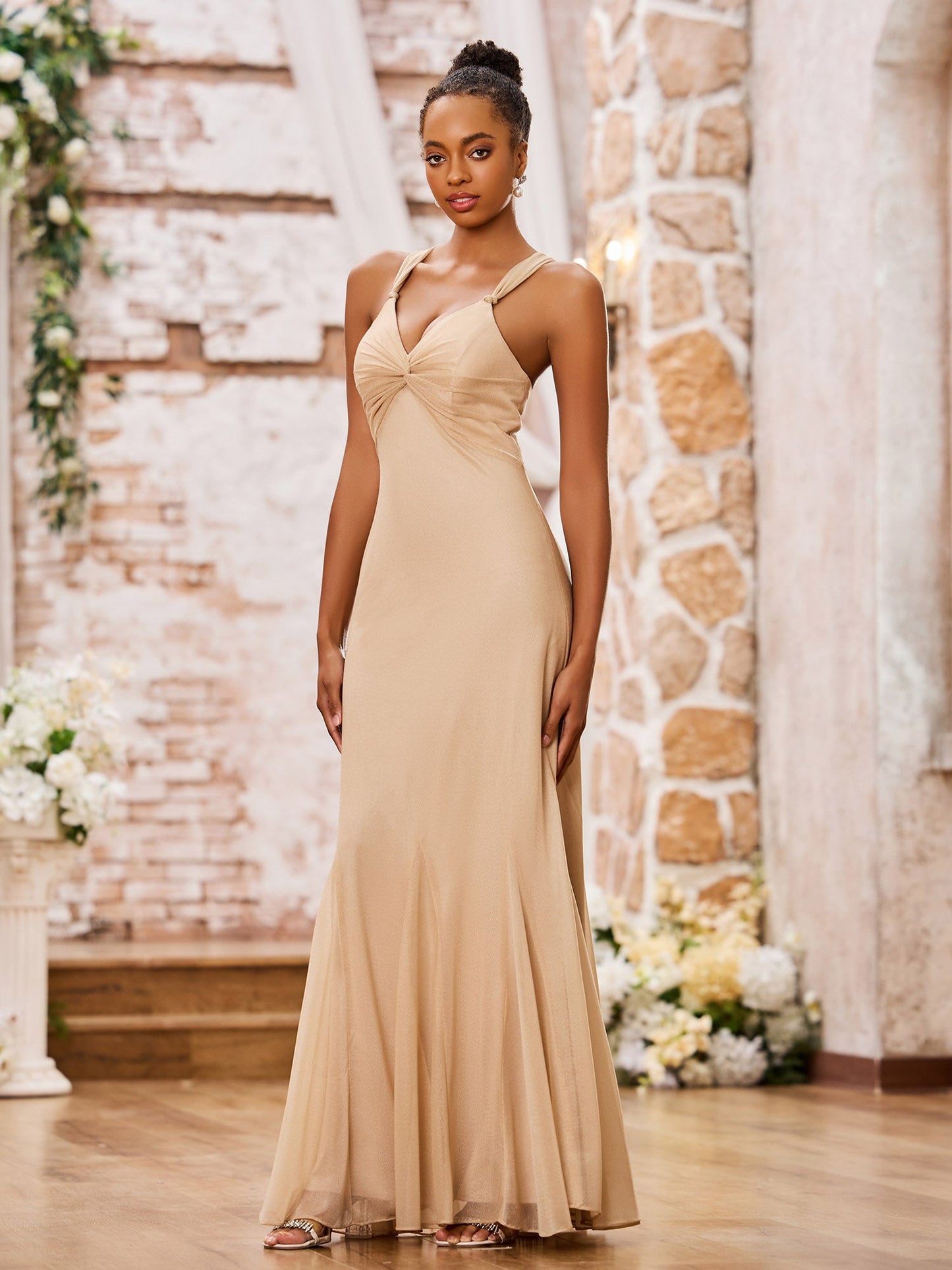 V-Neck Slim Ruched Floor-Length Bridesmaid Dresses Champagne