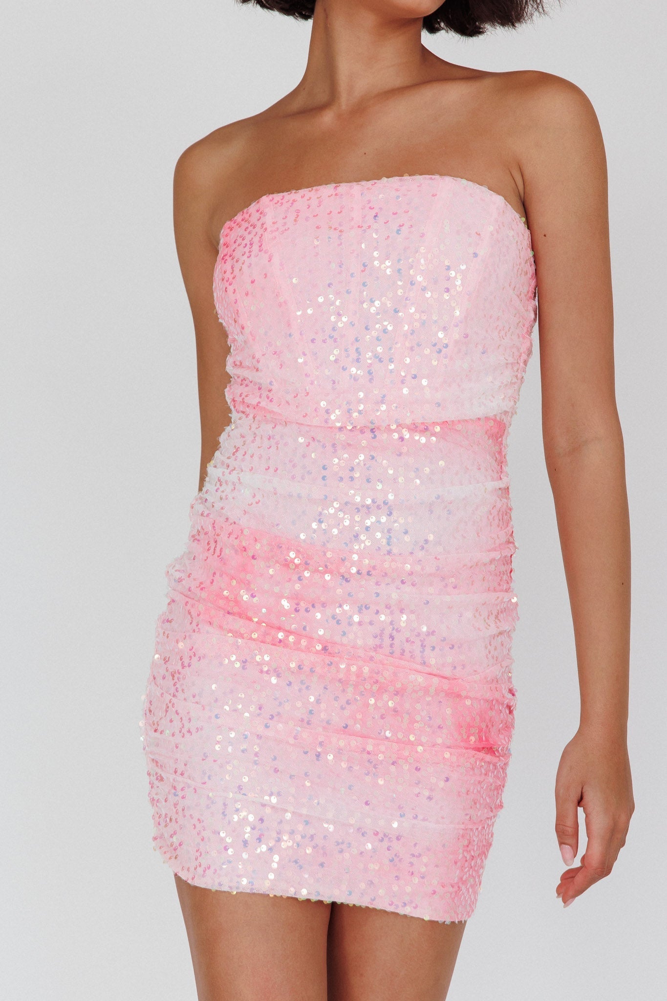 Calen Ruched Sequin Mini Dress Pink