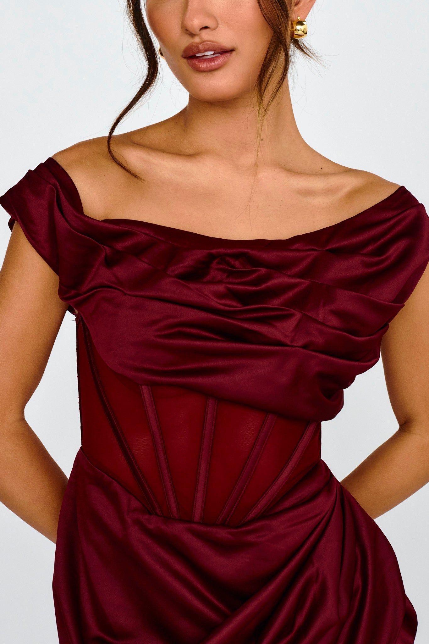 Lizetta Boat Neck Gathered Mini Dress Burgundy