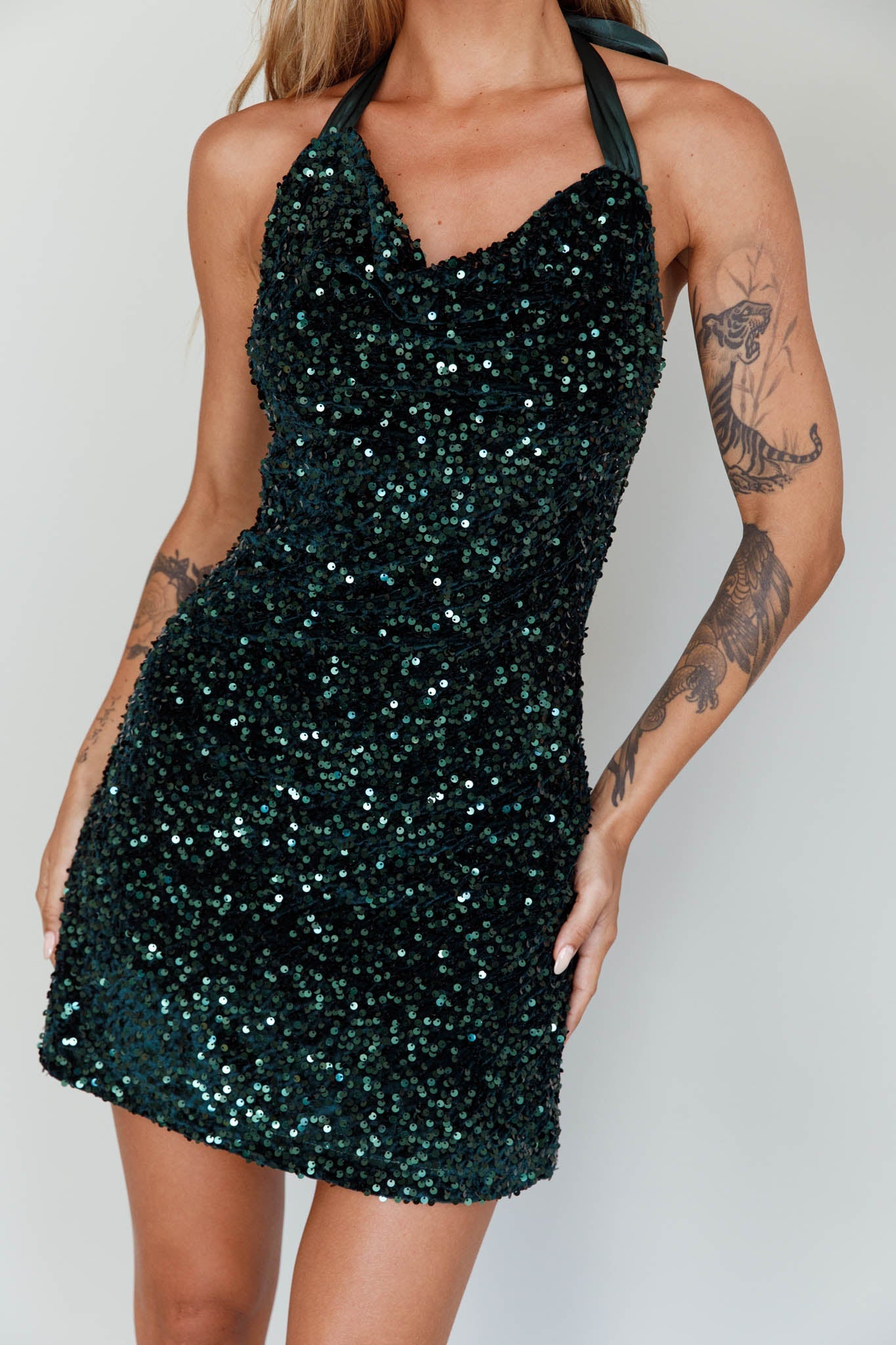 Star Lights Halterneck Mini Dress Sequin Emerald
