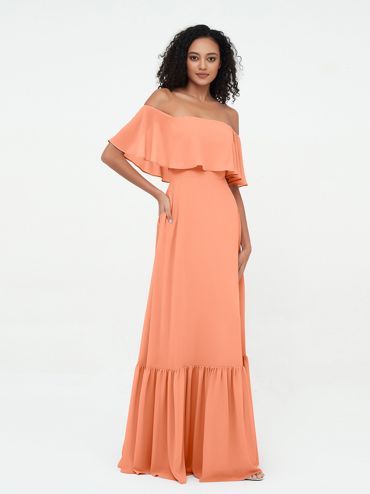 Off Shoulder Chiffon Tiered Skirt Max Dresses-Papaya